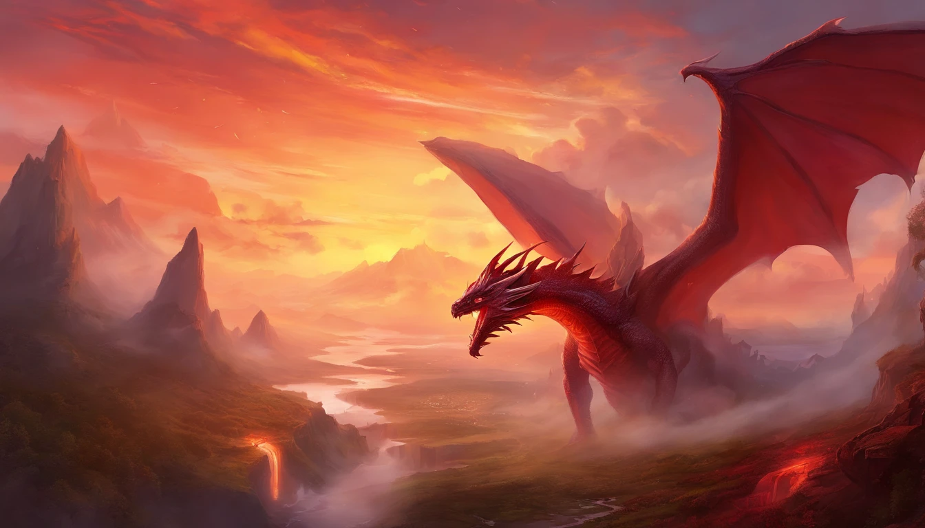 Painting of volcanic territorial border and red dragon in the sky, battle with dragon, dungeons and dragons art, epic fantasy art, epic fantasy game art, d & D Arte Digital Fantasia, Epic Fantasy Digital Art Style, Dungeons and Dragons Arte de fantasia, d & d fantasy art, epic fantasy painting, d & d fantasia pintura digital, surpreendente d & D arte