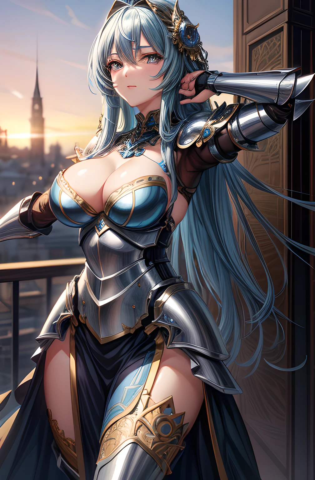 masterpiece, high quality, extremely detailed, (1girl, looking at viewer), anime style , anime art, beautiful anime girl, metal armor (knight armor), intricate filigree, blue metalic parts, detailed part, dynamic pose, detailed background, dynamic lighting, fractal art, sole_female,