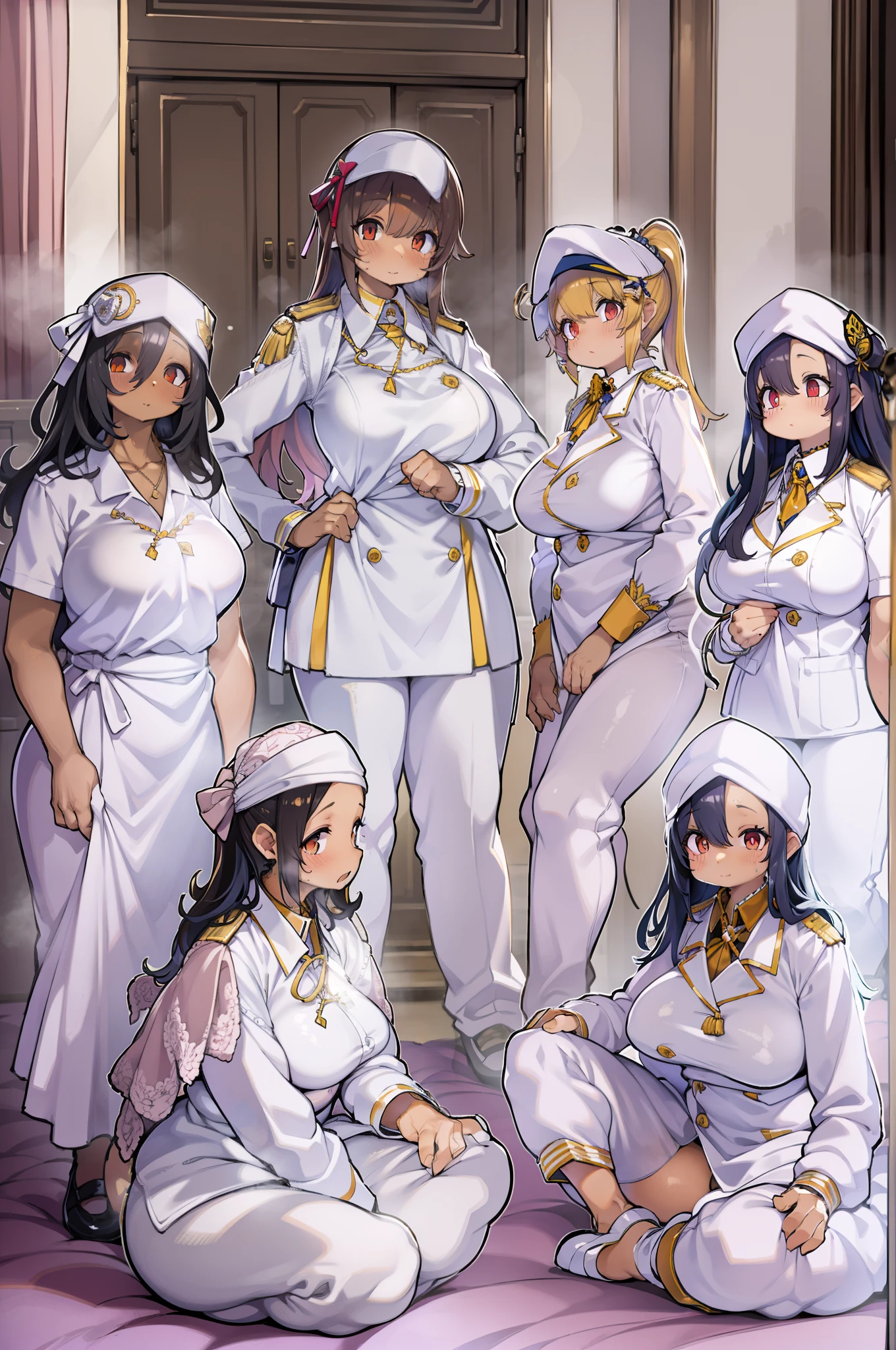 Several women in white uniform in sexy pose, harems, cushion, lots of light