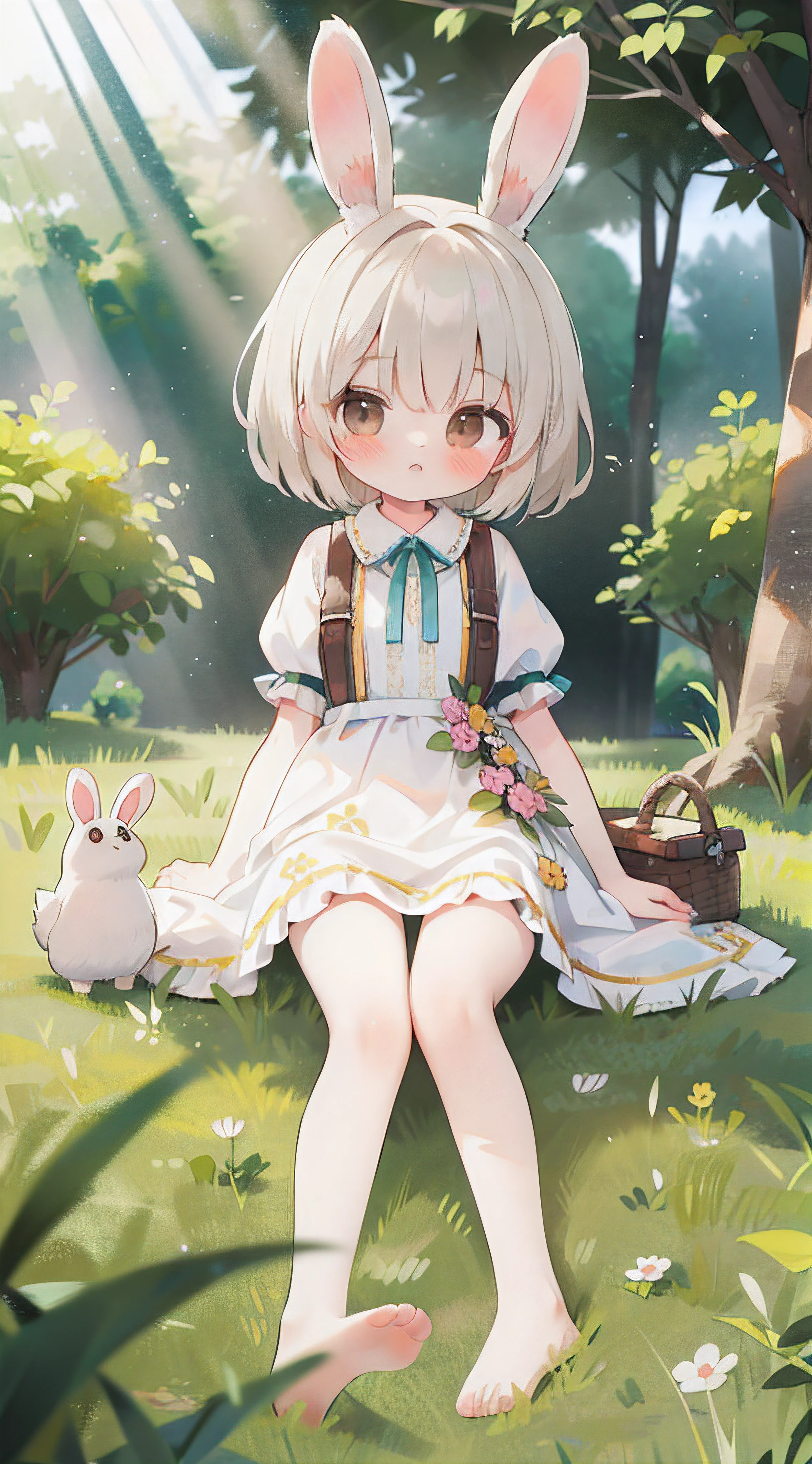 ((masterpiece, best quality)),1girl, solo, animal ears, rabbit, barefoot, skirt, sitting, rabbit ears, short sleeves, (teasing, shy, blushing: 1.3), looking at the audience, grass, short hair, gray hair, puff sleeves, outdoors, fluffy short sleeves, bangs, on the ground, full body, animal, white dress, sunlight, brown eyes, mottled sunlight, daytime,