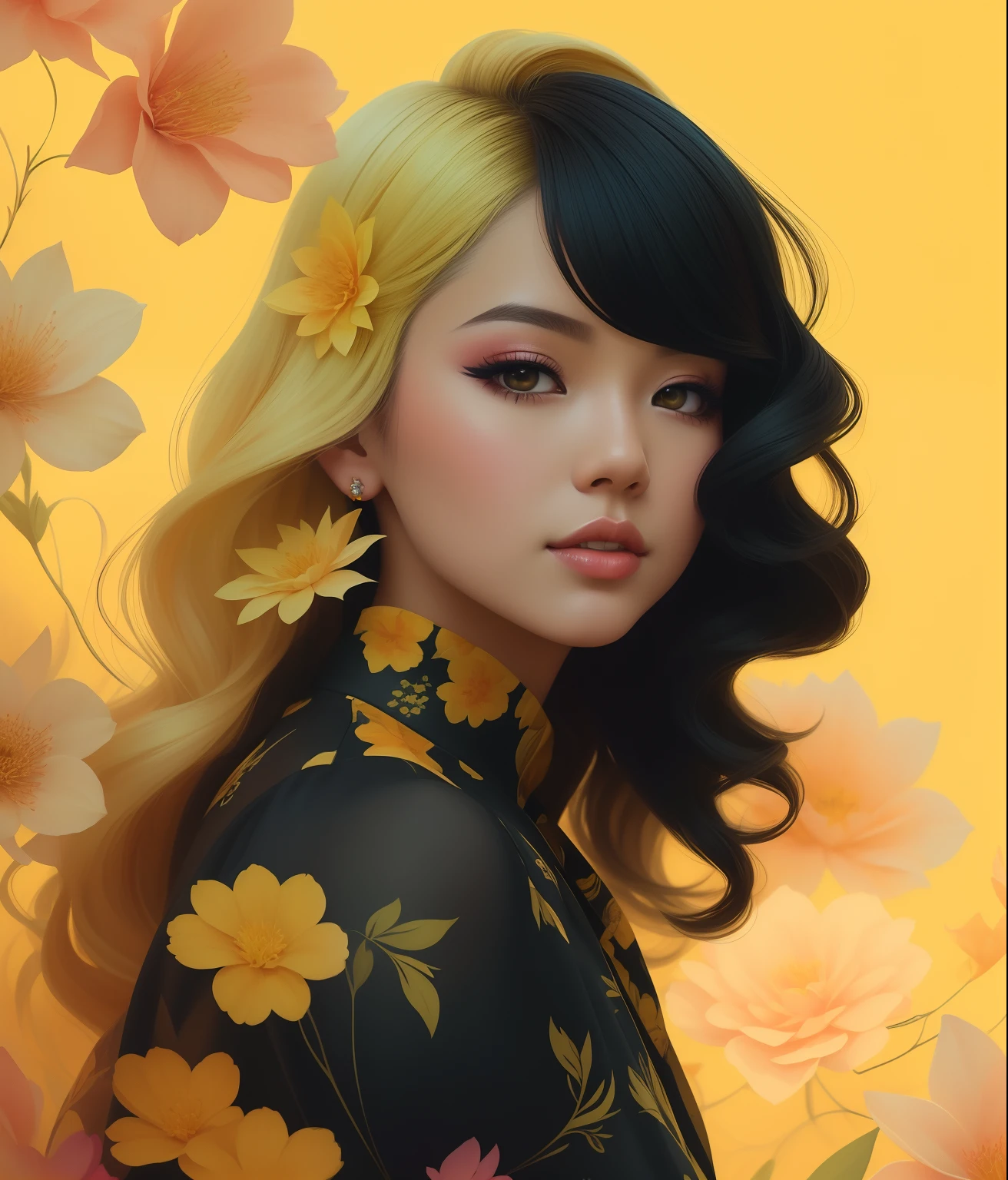 a close up of a woman with a flowered dress and a yellow background, by Ross Tran, in the style of ross tran, loish and ross tran, in style of digital illustration, beautiful digital illustration, ross tran style, lois van rossdraws, inspired by Ross Tran, stunning digital illustration, martin ansin artwork portrait, ross tran!!!, ross tran 8 k