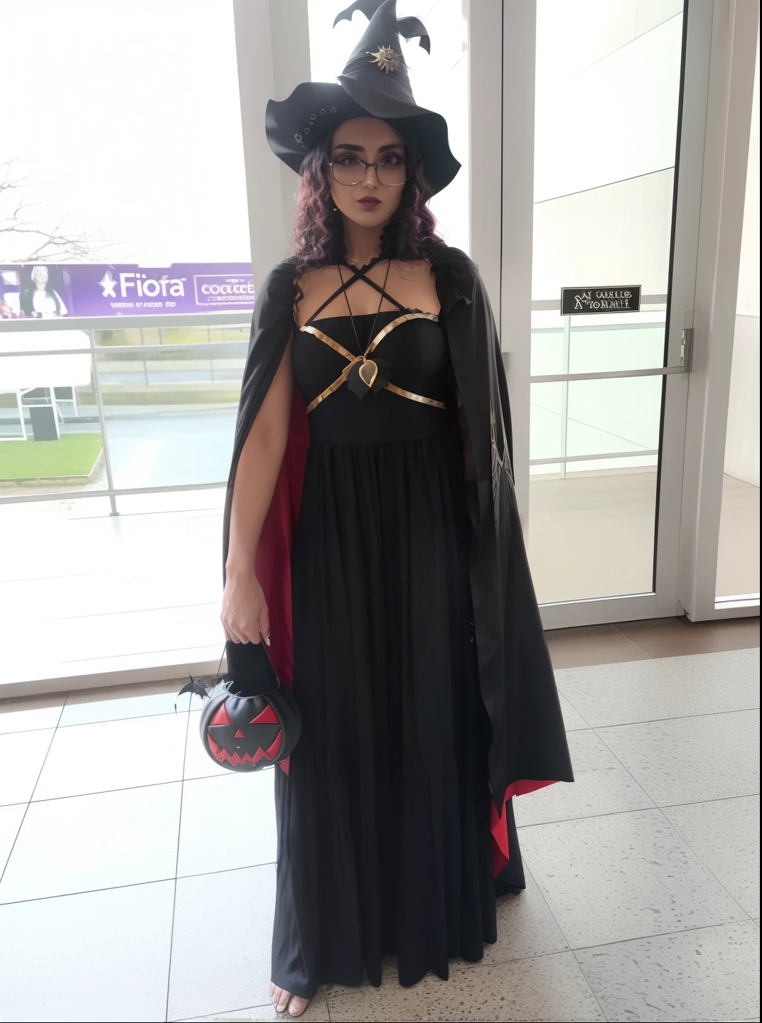 Araffe dressed in a black dress and a black hat and cape, Em um estilo de Halloween, dressed as an oracle, em um vestido extravagante, classical witch, corpo inteiro com traje, vestido como um bruxo, com uma longa capa preta, usando um vestido extravagante, traje completo, wearing a gothic dress, Witchy, vestido medieval. bruxa, cosplay award winner