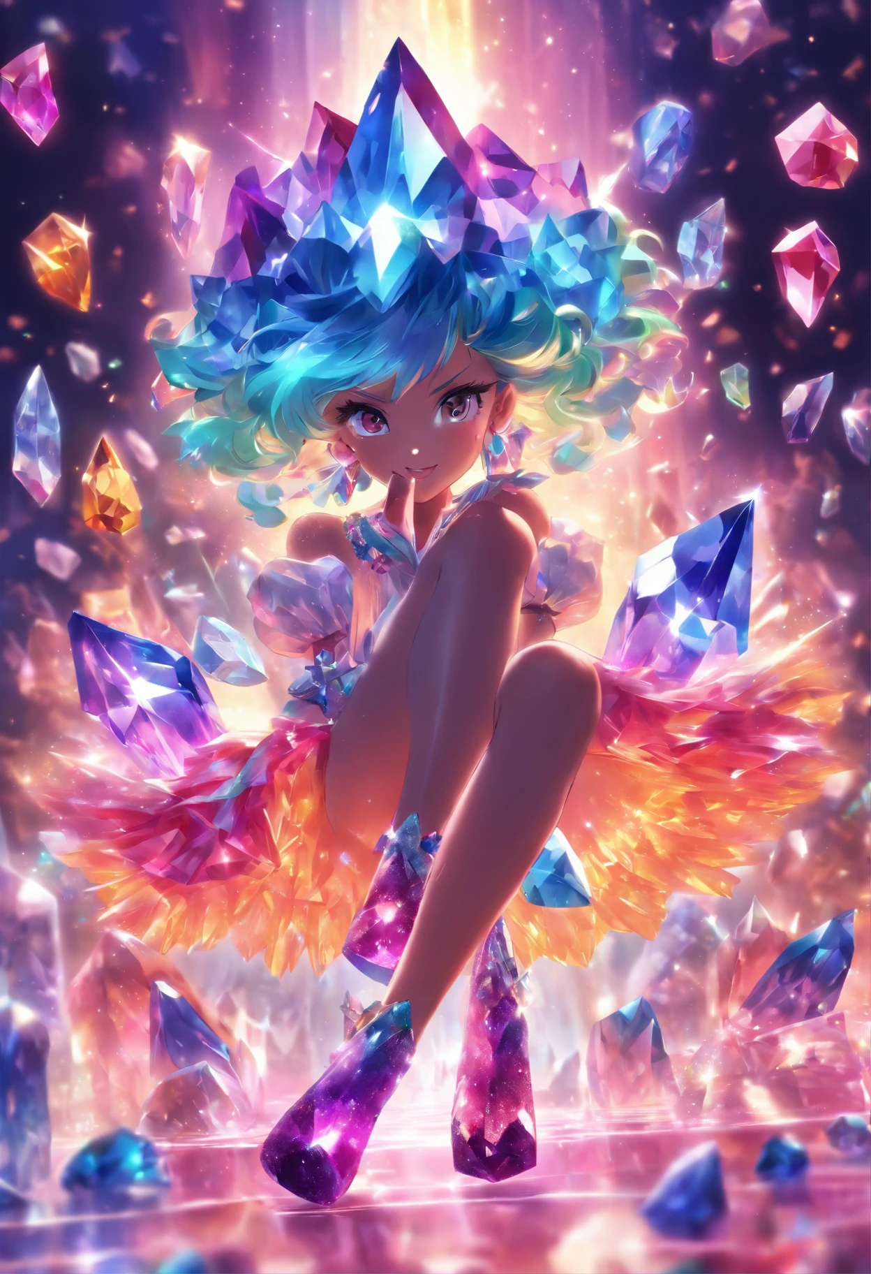 (Masterpiece), (Best quality), Extremely detailed, illustration, ((1girll)), (colorful crystals:1.5),(Wear crystal shoes:1.5),(colorfulhair:1.2),(Colorful dresses),High chiaroscuro,(full bodyesbian:1.5)