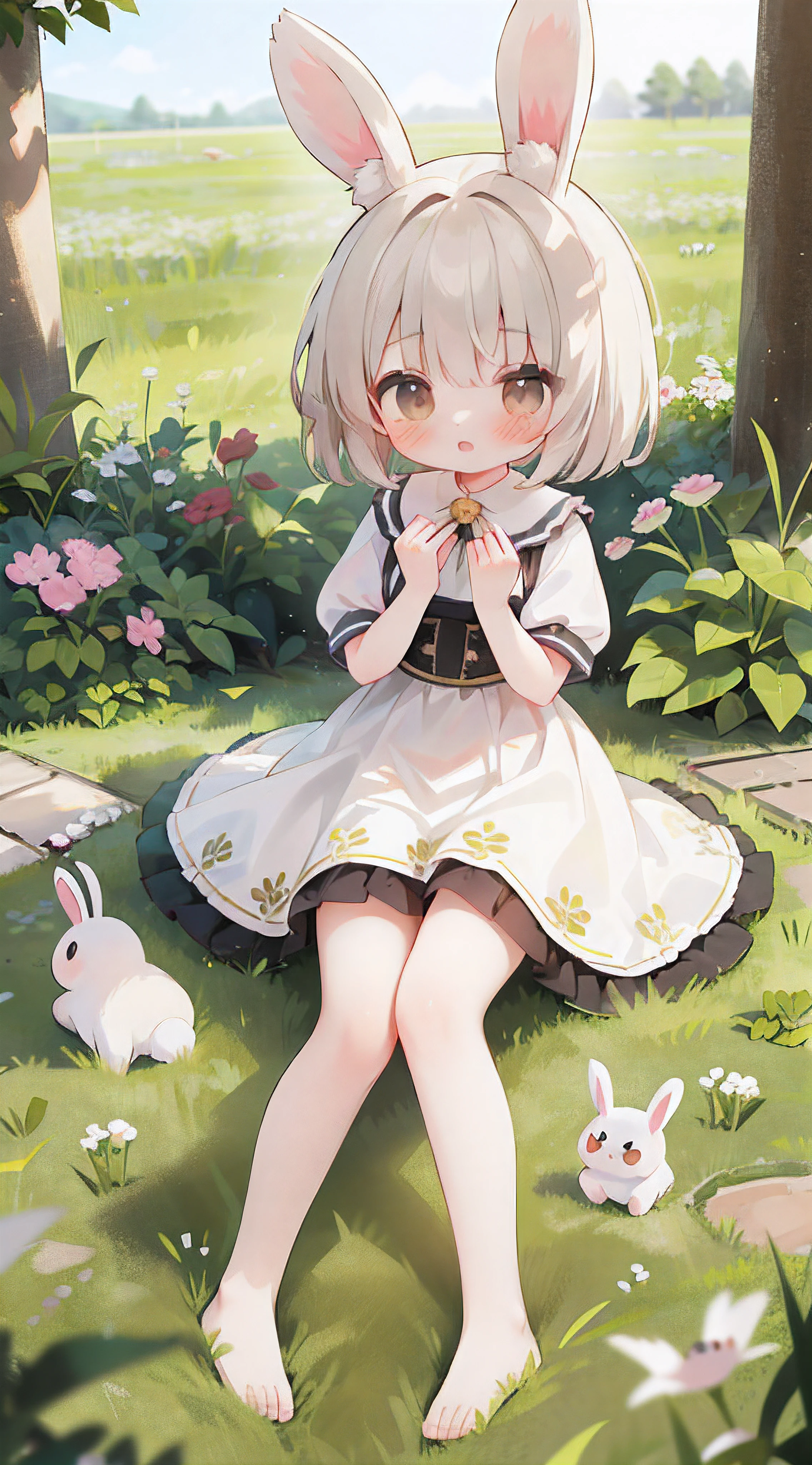 ((masterpiece, best quality)),1girl, solo, animal ears, rabbit, barefoot, skirt, sitting, rabbit ears, short sleeves, (teasing, shy, blushing: 1.3), looking at the audience, grass, short hair, gray hair, puff sleeves, outdoors, fluffy short sleeves, bangs, on the ground, full body, animal, white dress, sunlight, brown eyes, mottled sunlight, daytime,