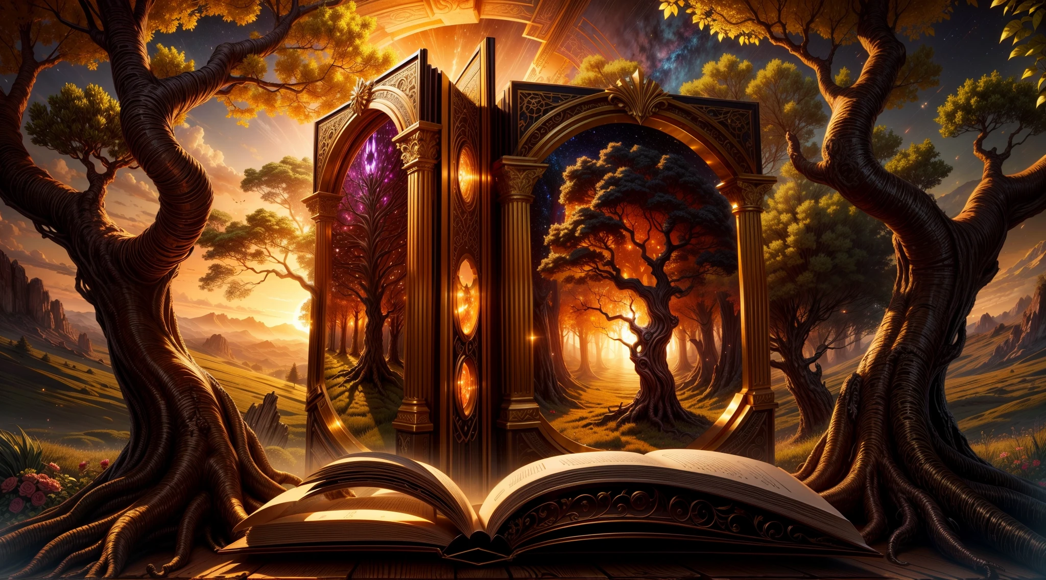 Chronos Portal, tree, galaxy, reading golden ornate book, evening, glow, sunset