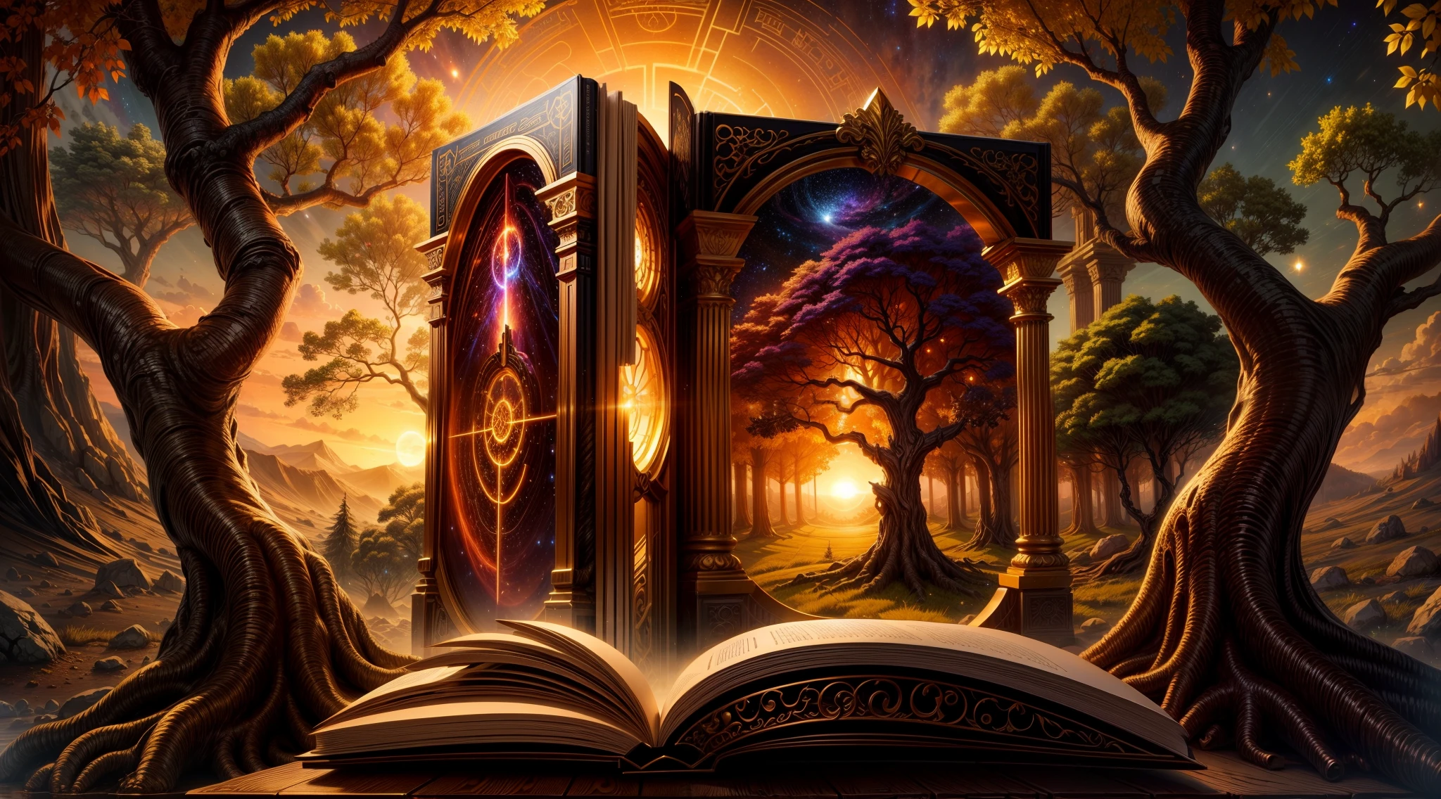 Chronos Portal, tree, galaxy, reading golden ornate book, evening, glow, sunset