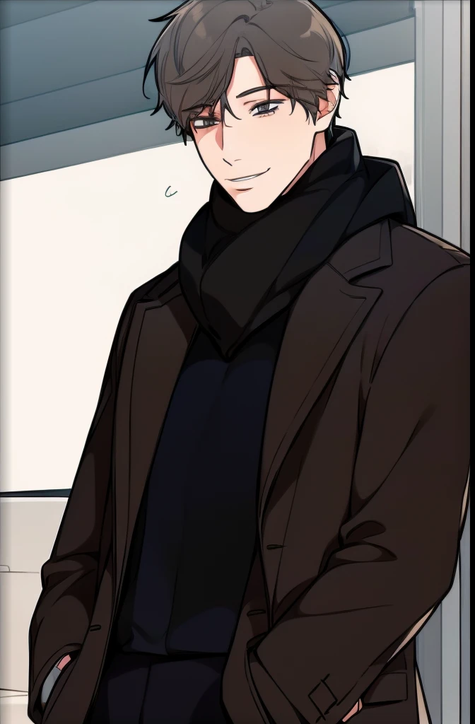 brown hair, solo, smile, short hair, 1boy, closed mouth, upper body, male focus, scarf, coat, looking to the side, black scarf, brown coat, full body, black pants, black shoes, detailed face, smile, white background, dynamic pose, shoes, pants, legs, full body