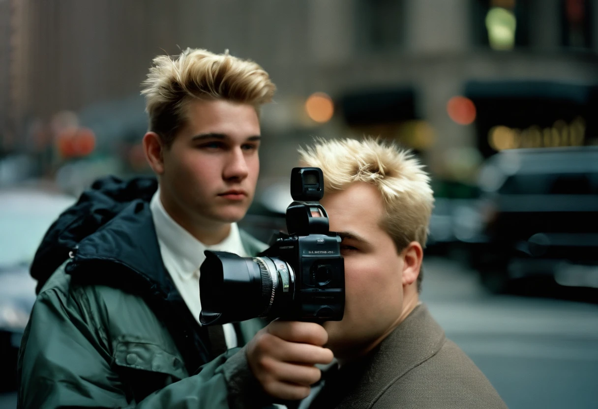 big fat man, 21 year old, short spiky hair, blonde, cold, (news camera:1.5), new york city, Photojournalism, 35mm, Kodak Gold 200, Depth of Field, Materiality