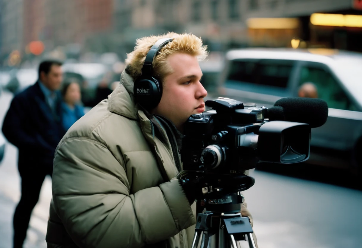 big fat man, 21 year old, short spiky hair, blonde, cold, (news camera:1.5), new york city, Photojournalism, 35mm, Kodak Gold 200, Depth of Field, Materiality