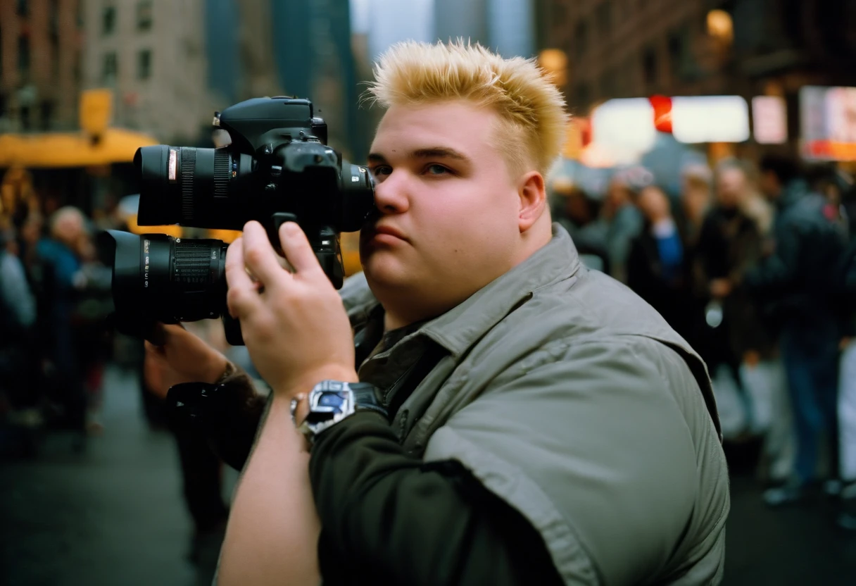 big fat man, 21 year old, short spiky hair, blonde, cold, (news camera:1.5), new york city, Photojournalism, 35mm, Kodak Gold 200, Depth of Field, Materiality