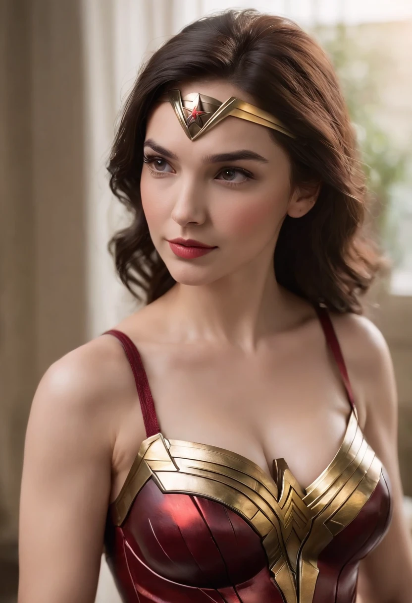 (wonder woman clothing),Stick together,Cuddle together,Grab your chest from behind,scowling,((Short hair in layers)),Coiled hair,hair-bun,Bangs on both sides,(A half body,Close-up),Skinny and small,beautidful eyes,Super detailed face,Beautiful woman,Tight and thin waist,Celebrity,Raised sexy,(inside in room,Couples hotel,Cover your breasts with your hands,Place your hands on the breasts on your clothes,Pinch your breasts through your clothes,Grab the breast through the clothes,Squeezing the breasts through clothing),Sharpen,Front light,twincest