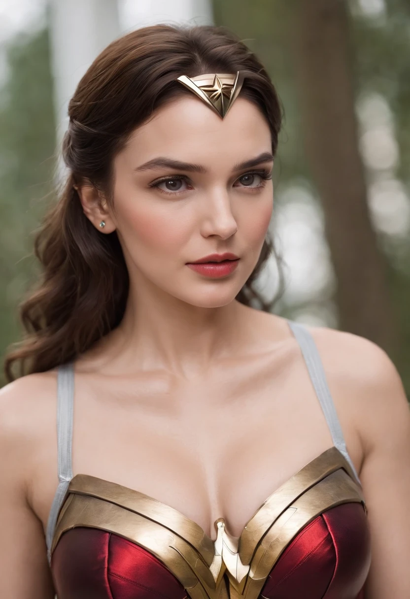 (wonder woman clothing)，Stick together，Cuddle together，Grab your chest from behind，scowling，((Short hair in layers))，Coiled hair，hair-bun，Bangs on both sides，(A half body，Close-up)，Skinny and small，beautidful eyes，Super detailed face，Beautiful woman，Tight and thin waist，Celebrity，Raised sexy，(inside in room，Couples hotel，Cover your breasts with your hands，Place your hands on the breasts on your clothes，Pinch your breasts through your clothes，Grab the breast through the clothes，Squeezing the breasts through clothing)，Sharpen，Front light，twincest