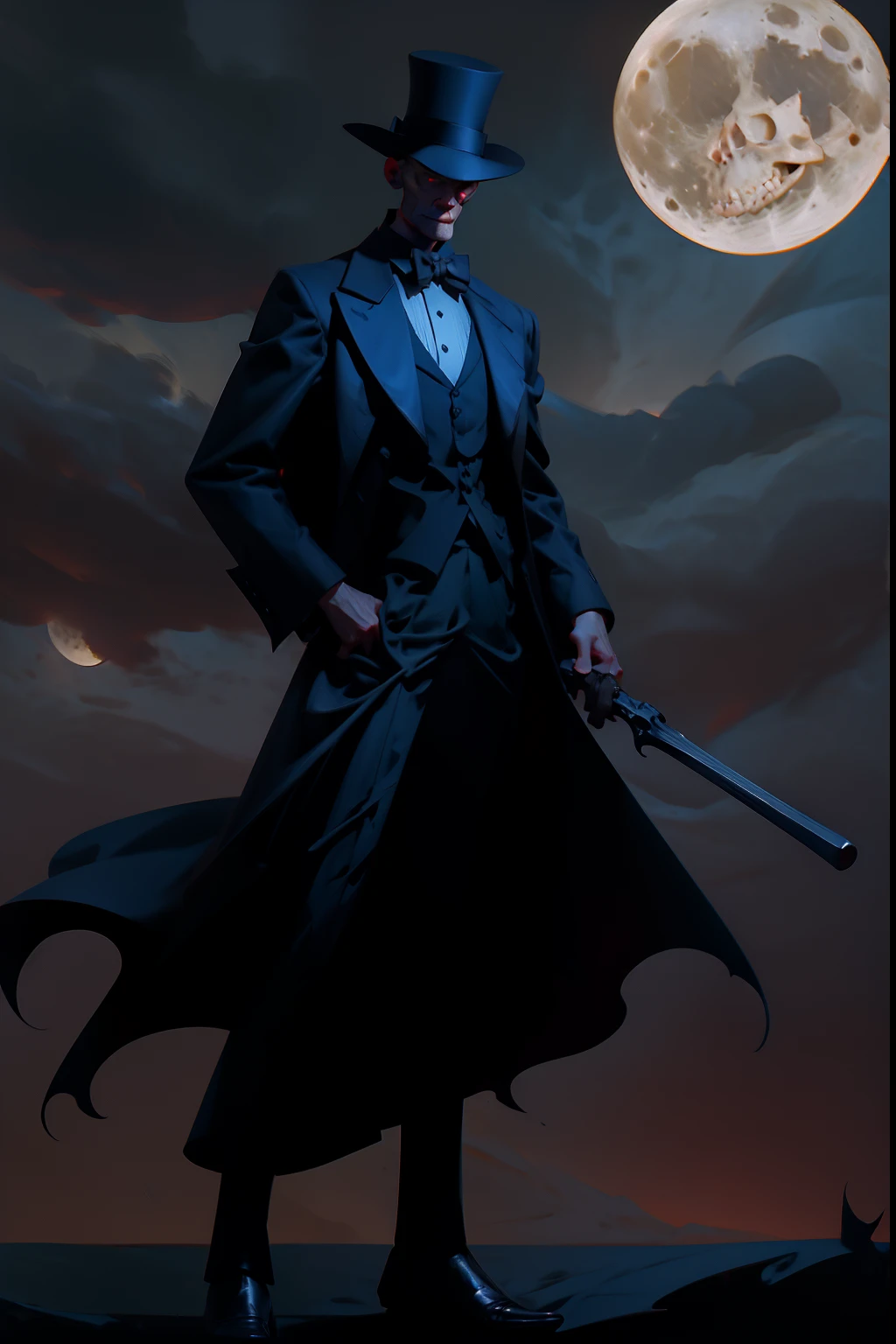 A creepy undertaker with a skull for a head, wearing a tuxedo and top hat, holding a leg bone, background is a full moon and bats, mood is morbid, shadowy, dreadful, gloomy, haunting, dark stormy sky, dramatic lighting, character design.
