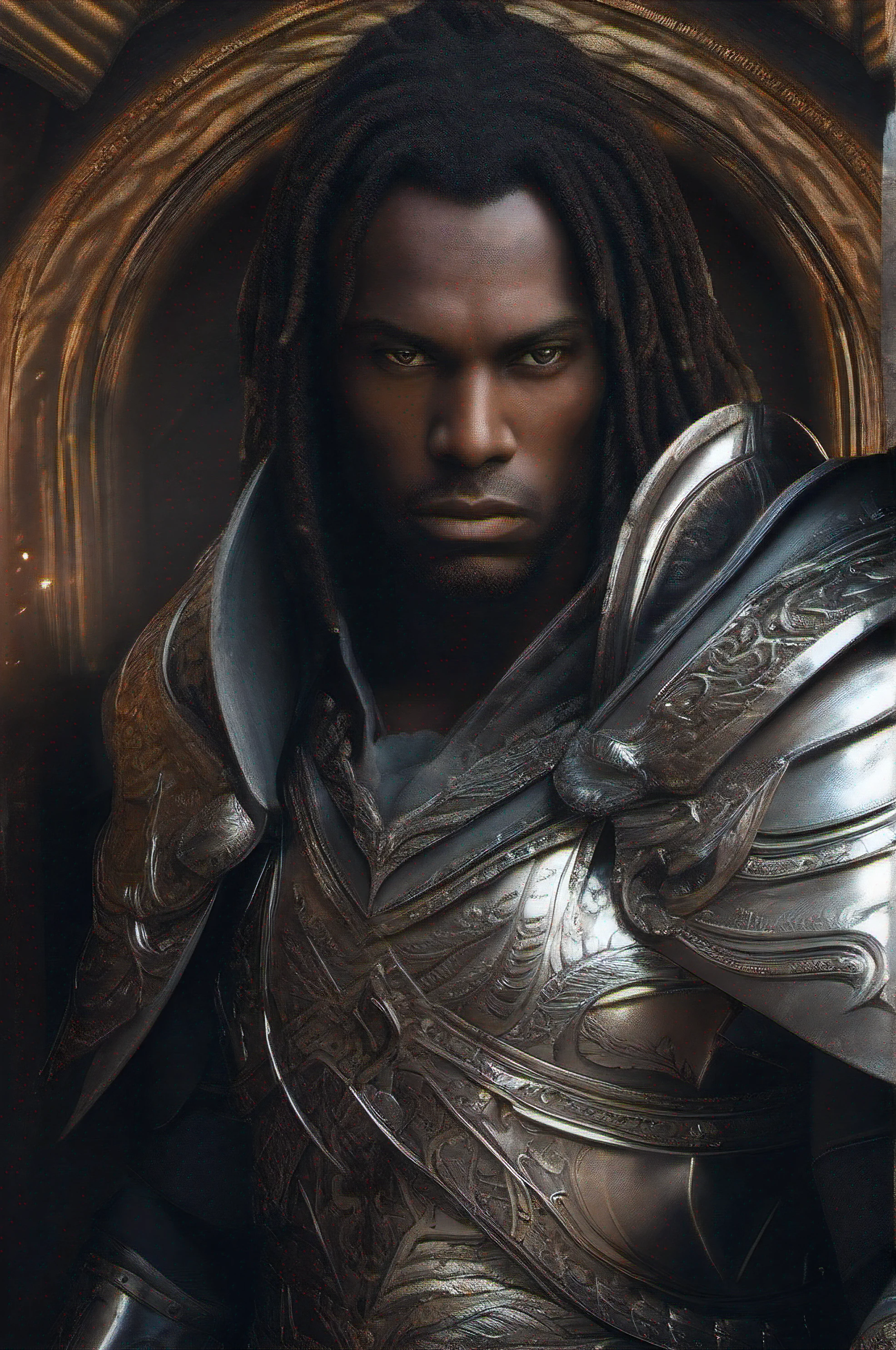 Homem com Armadura prateada, pele negra, heterocromia, ultra realimos, 4k, epic scene, Igreja.