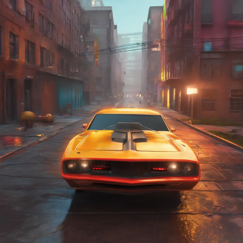 colorful muscle car, greyed out dystopian city, blowing colors out of its tailpipe, give color back to the city, illustration, ultra-detailed, realistic, vibrant colors, studio lighting, urban landscape, high-res, HDR, dynamic lighting, smoke, smog, abandoned buildings, graffiti, cyberpunk aesthetics, neon lights, futuristic technology, rain-soaked streets, shadows, reflection, speed, motion blur, intensity, urban decay, steel, concrete, asphalt, darkness, contrast, heat haze, shining surfaces