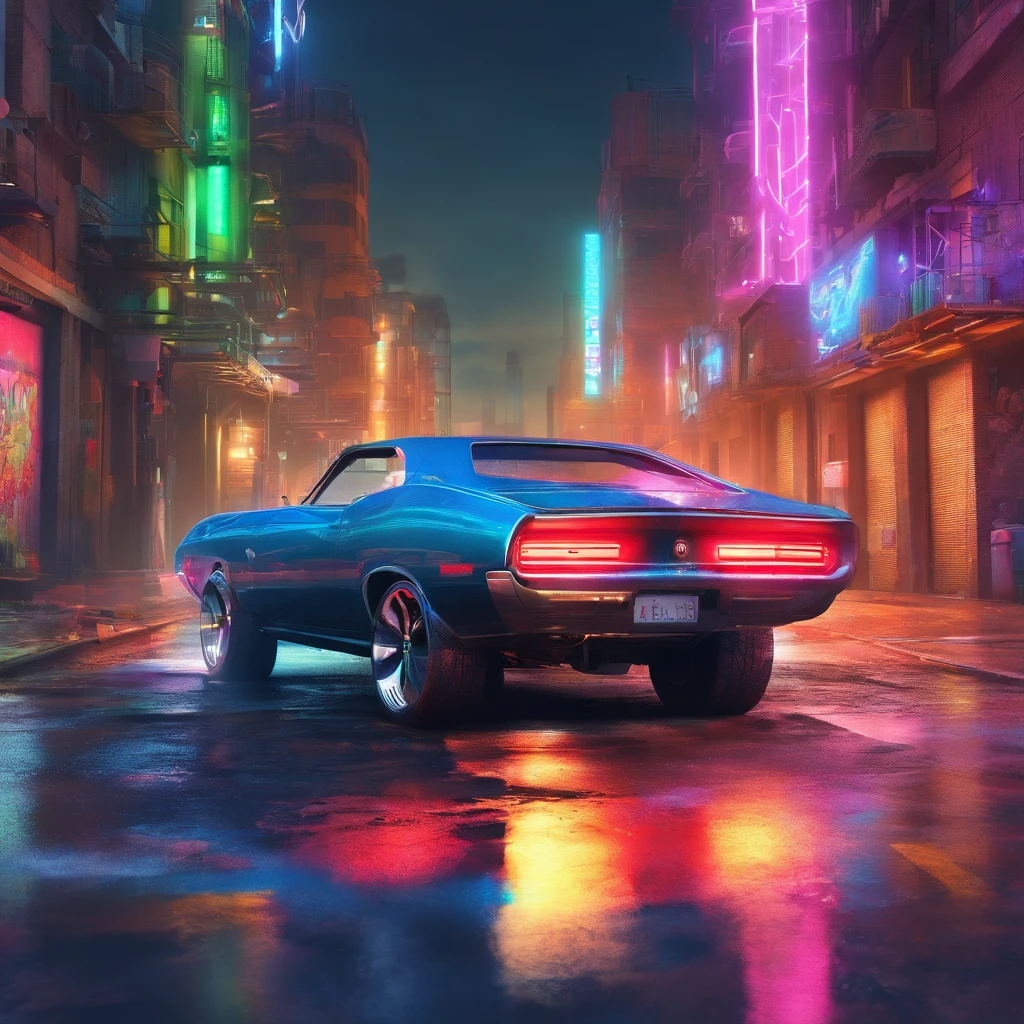 colorful muscle car, greyed out dystopian city, blowing colors out of its tailpipe, give color back to the city, illustration, ultra-detailed, realistic, vibrant colors, studio lighting, urban landscape, high-res, HDR, dynamic lighting, smoke, smog, abandoned buildings, graffiti, cyberpunk aesthetics, neon lights, futuristic technology, rain-soaked streets, shadows, reflection, speed, motion blur, intensity, urban decay, steel, concrete, asphalt, darkness, contrast, heat haze, shining surfaces