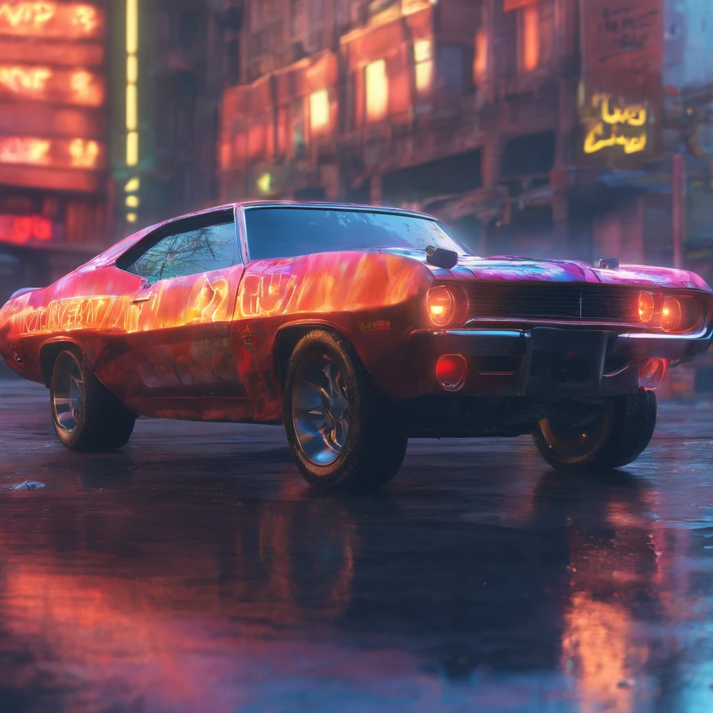 colorful muscle car, greyed out dystopian city, blowing colors out of its tailpipe, give color back to the city, illustration, ultra-detailed, realistic, vibrant colors, studio lighting, urban landscape, high-res, HDR, dynamic lighting, smoke, smog, abandoned buildings, graffiti, cyberpunk aesthetics, neon lights, futuristic technology, rain-soaked streets, shadows, reflection, speed, motion blur, intensity, urban decay, steel, concrete, asphalt, darkness, contrast, heat haze, shining surfaces