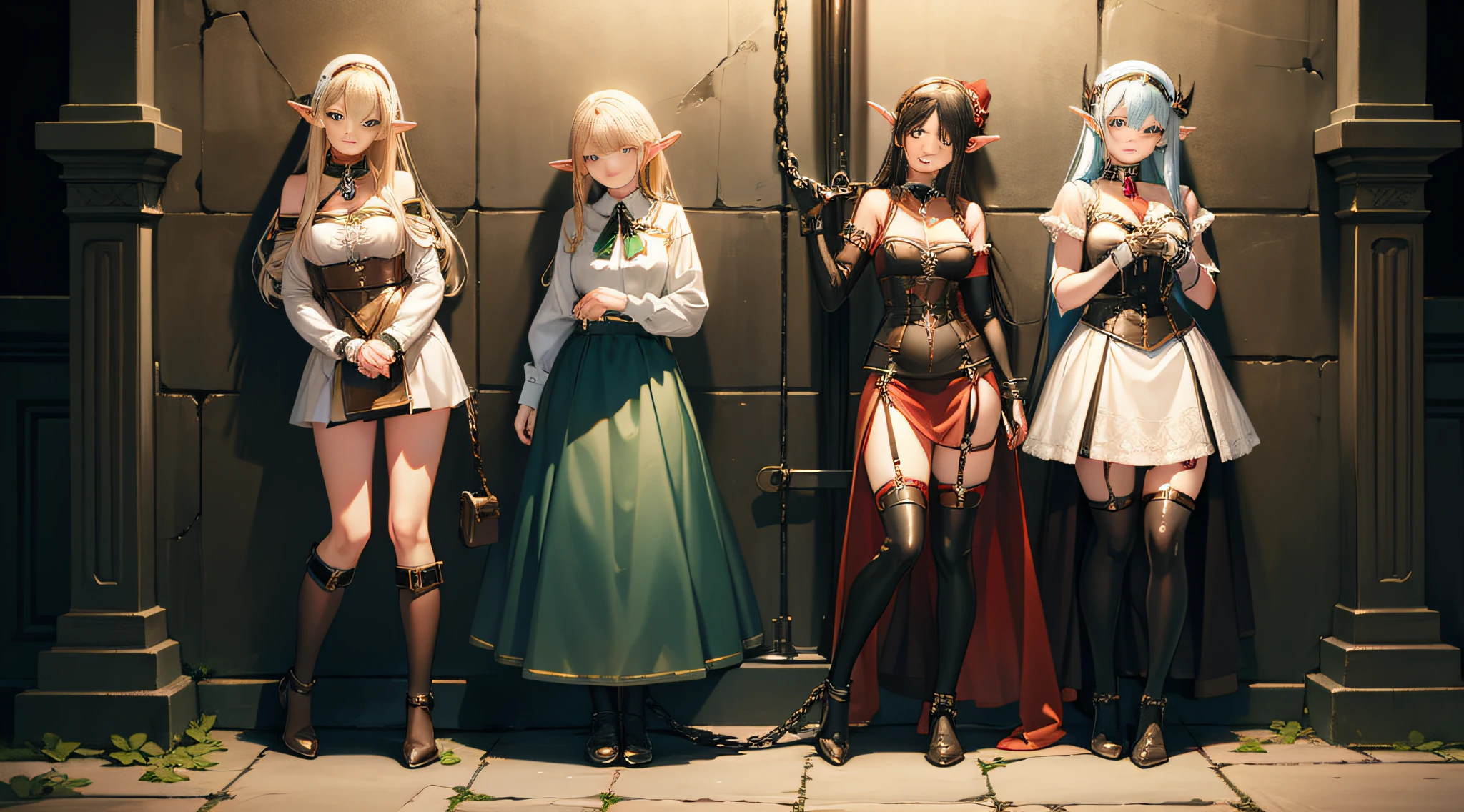 High Quality, Elf, Cute, Young, Chain Restraint , Female, Slave, Iron Collar, Restraint, Full Length Image, Confinement, Chained To Wall, Bound, Gagged