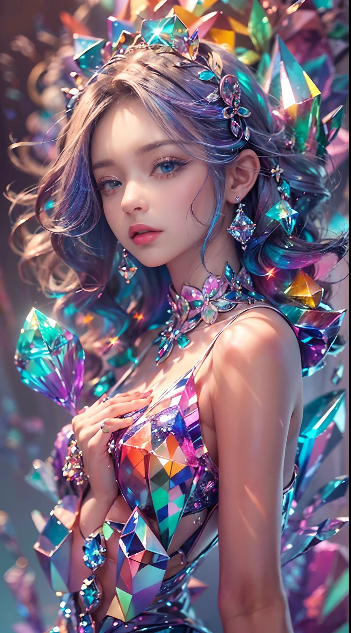 (Masterpiece), (Best quality), Extremely detailed, illustration,  ((1girll)), (colorful crystals:1.5),(Wear crystal shoes:1.5),(colorfulhair:1.2),(Colorful dresses),High chiaroscuro,(full bodyesbian:1.5)