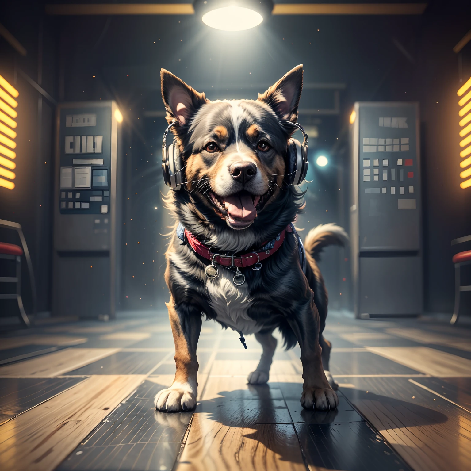 Dog dancing rock on dance floor background, Underground danceclub,tmasterpiece, high high quality, Best quality at best,Rock ballroom,Stylish dog DJ,Dogs wear punk headphones,Dogs wear rock costumes,k hd,8K