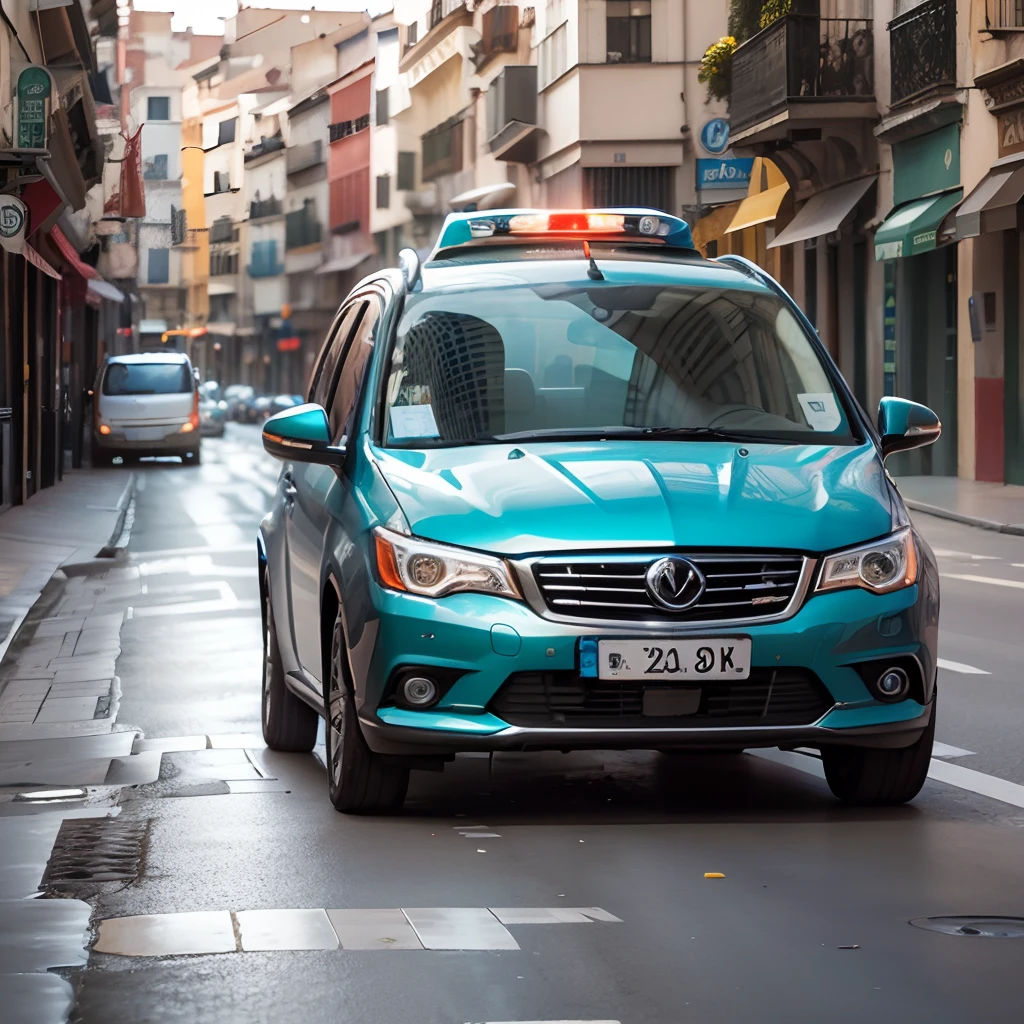 un auto azul conduciendose solo por una calle, realista --auto --s2