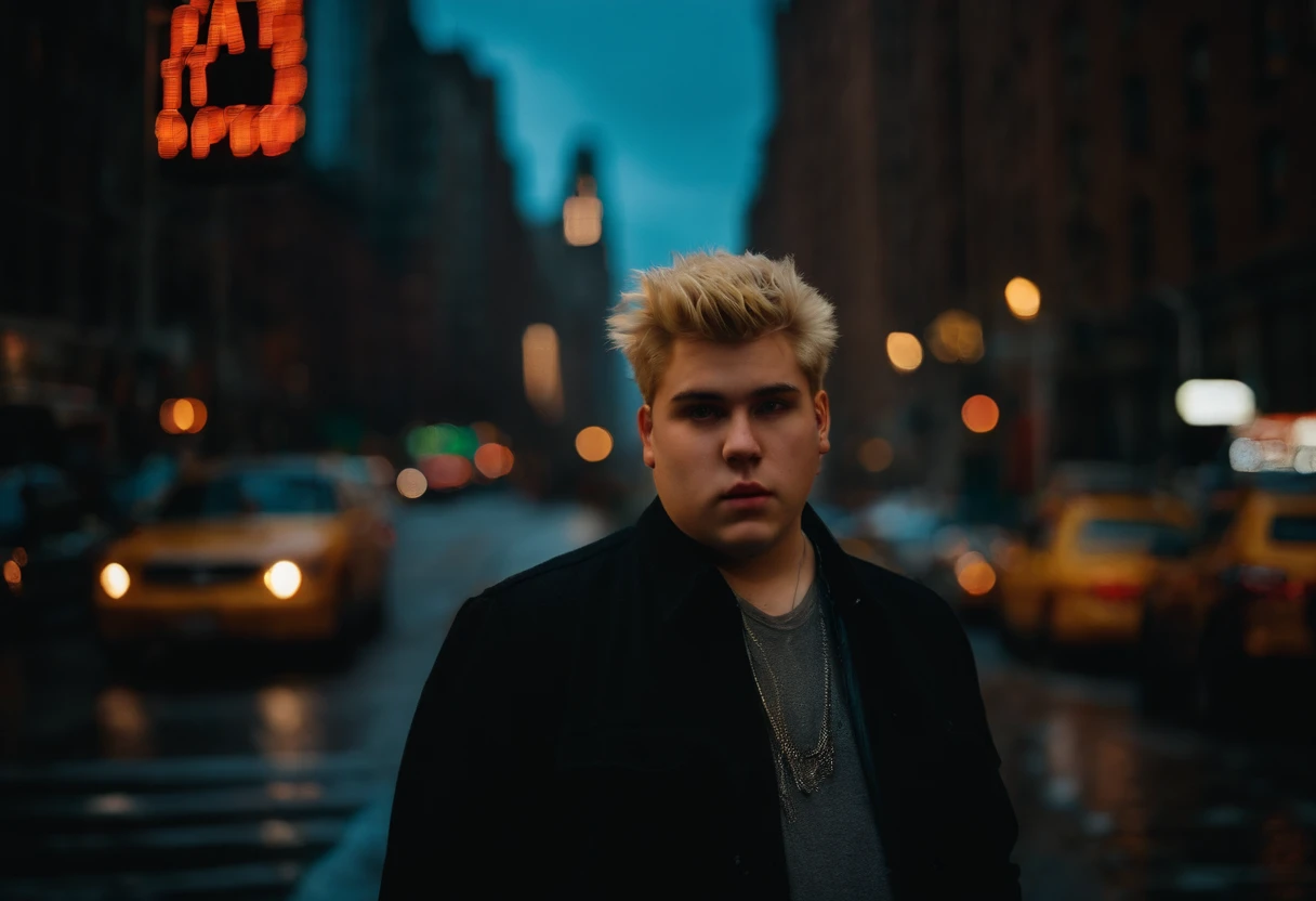 big fat man, 21 year old, short spiky hair, blonde, cold, new york city, Photojournalism, 35mm, Depth of Field, Materiality