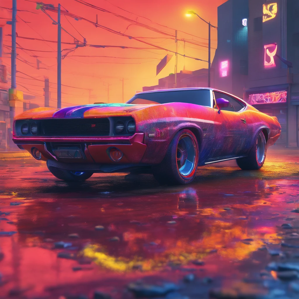 colorful muscle car, greyed out dystopian city, blowing colors out of its tailpipe, give color back to the city, illustration, ultra-detailed, realistic, vibrant colors, studio lighting, urban landscape, high-res, HDR, dynamic lighting, smoke, smog, abandoned buildings, graffiti, cyberpunk aesthetics, neon lights, futuristic technology, rain-soaked streets, shadows, reflection, speed, motion blur, intensity, urban decay, steel, concrete, asphalt, darkness, contrast, heat haze, shining surfaces
