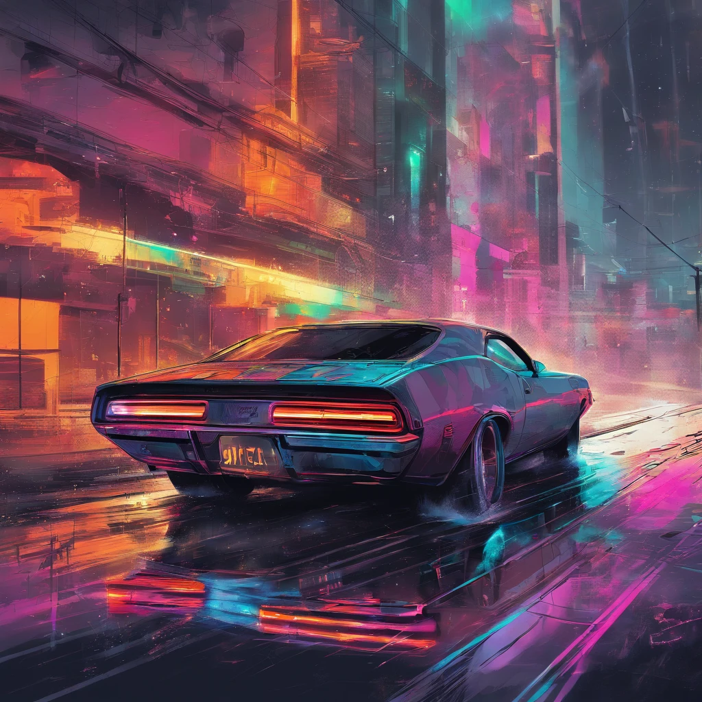 colorful muscle car, greyed out dystopian city, blowing colors out of its tailpipe, give color back to the city, illustration, ultra-detailed, realistic, vibrant colors, studio lighting, urban landscape, high-res, HDR, dynamic lighting, smoke, smog, abandoned buildings, graffiti, cyberpunk aesthetics, neon lights, futuristic technology, rain-soaked streets, shadows, reflection, speed, motion blur, intensity, urban decay, steel, concrete, asphalt, darkness, contrast, heat haze, shining surfaces