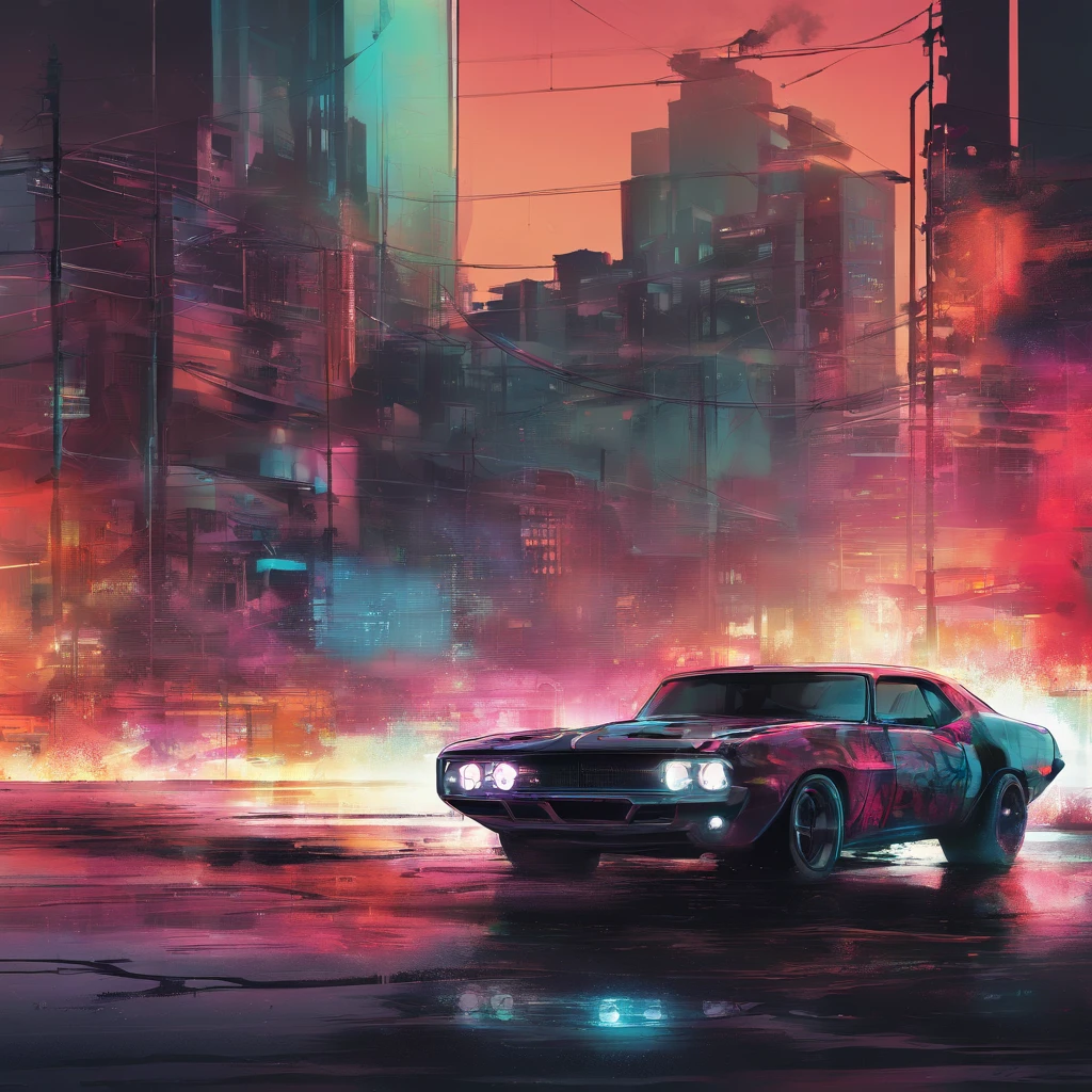 colorful muscle car, greyed out dystopian city, blowing colors out of its tailpipe, give color back to the city, illustration, ultra-detailed, realistic, vibrant colors, studio lighting, urban landscape, high-res, HDR, dynamic lighting, smoke, smog, abandoned buildings, graffiti, cyberpunk aesthetics, neon lights, futuristic technology, rain-soaked streets, shadows, reflection, speed, motion blur, intensity, urban decay, steel, concrete, asphalt, darkness, contrast, heat haze, shining surfaces