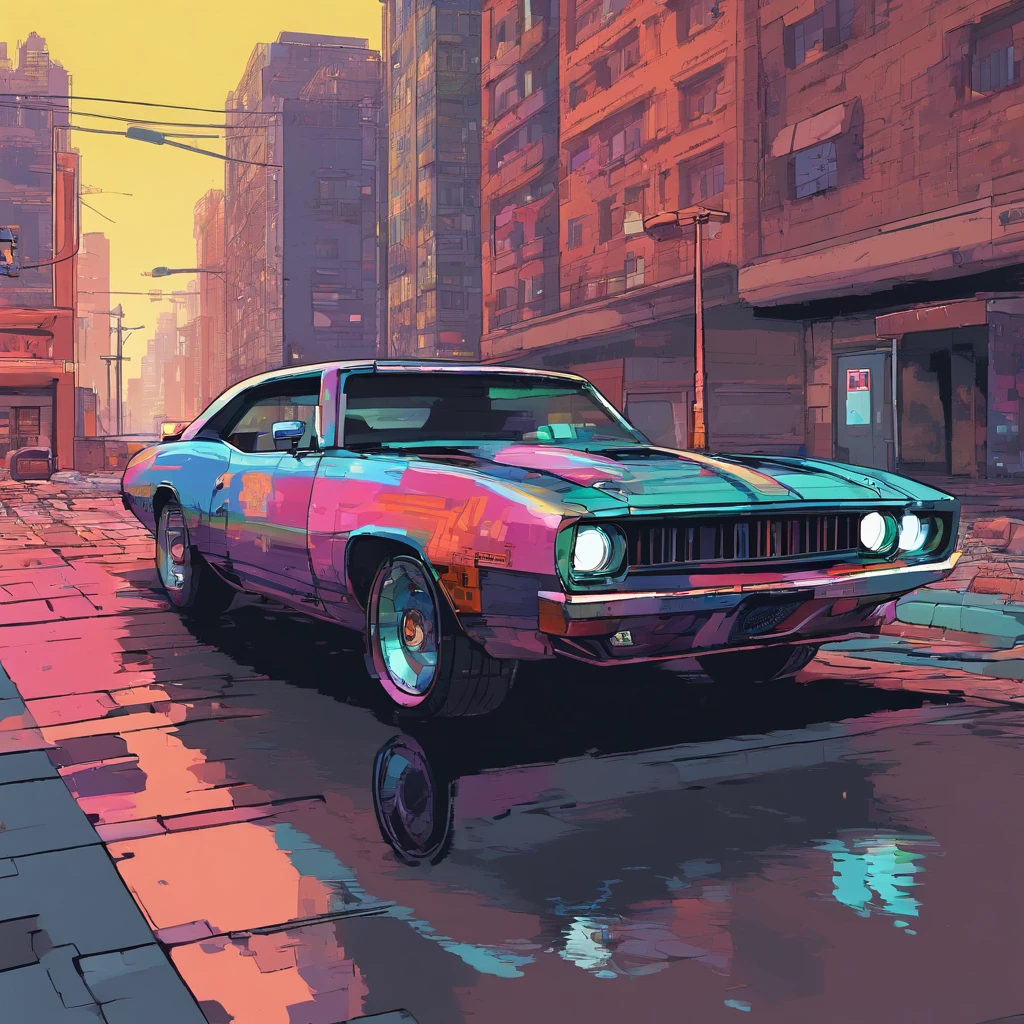 colorful muscle car, greyed out dystopian city, blowing colors out of its tailpipe, give color back to the city, illustration, ultra-detailed, realistic, vibrant colors, studio lighting, urban landscape, high-res, HDR, dynamic lighting, smoke, smog, abandoned buildings, graffiti, cyberpunk aesthetics, neon lights, futuristic technology, rain-soaked streets, shadows, reflection, speed, motion blur, intensity, urban decay, steel, concrete, asphalt, darkness, contrast, heat haze, shining surfaces