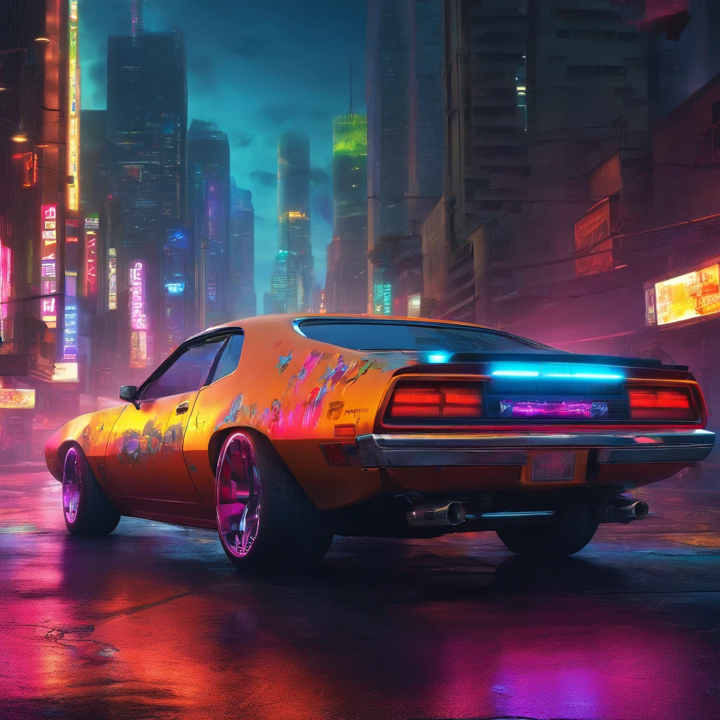 colorful muscle car, greyed out dystopian city, blowing colors out of its tailpipe, give color back to the city, illustration, ultra-detailed, realistic, vibrant colors, studio lighting, urban landscape, high-res, HDR, dynamic lighting, smoke, smog, abandoned buildings, graffiti, cyberpunk aesthetics, neon lights, futuristic technology, rain-soaked streets, shadows, reflection, speed, motion blur, intensity, urban decay, steel, concrete, asphalt, darkness, contrast, heat haze, shining surfaces