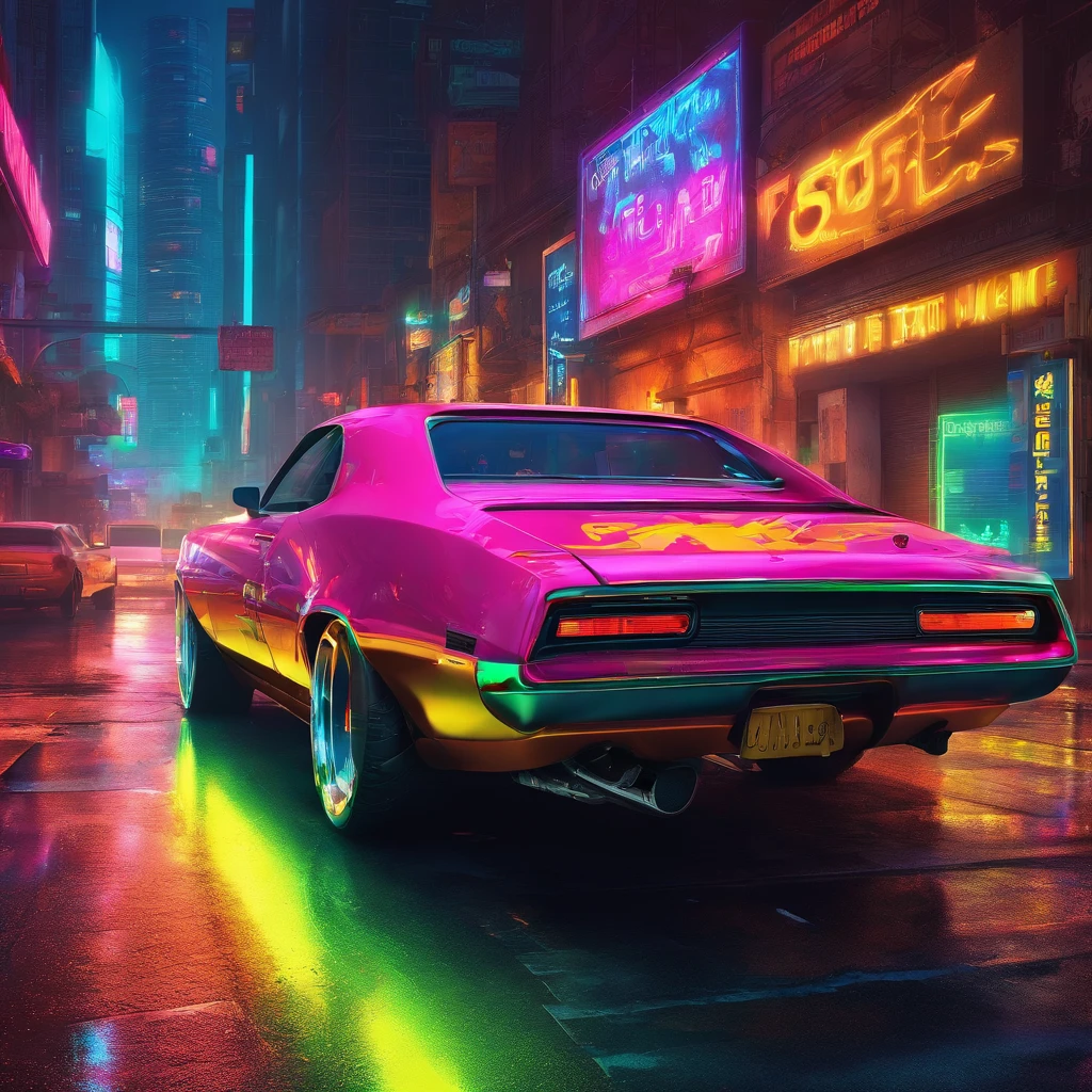 colorful muscle car, greyed out dystopian city, blowing colors out of its tailpipe, give color back to the city, illustration, ultra-detailed, realistic, vibrant colors, studio lighting, urban landscape, high-res, HDR, dynamic lighting, smoke, smog, abandoned buildings, graffiti, cyberpunk aesthetics, neon lights, futuristic technology, rain-soaked streets, shadows, reflection, speed, motion blur, intensity, urban decay, steel, concrete, asphalt, darkness, contrast, heat haze, shining surfaces