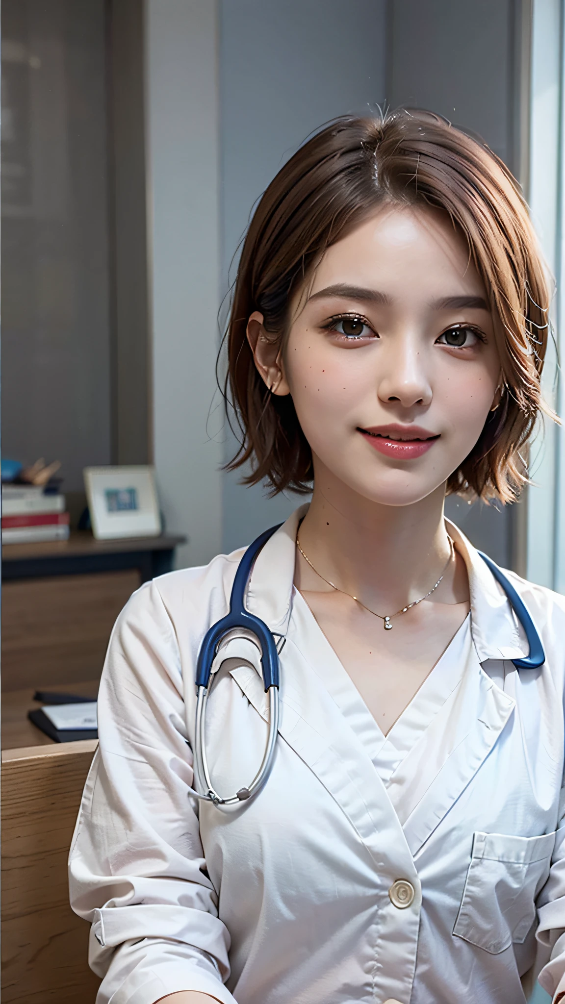 Masterpiece, high quality photo (realistic, photorealistic: 1.37), blonde hair, short fringe hair, brown eyes, female doctor, 28 years old, pink lips, light blue uniform, sitting in front of a desk in the hospital, wearing a stethoscope on his neck, reassuring smile, innocence, 100mm lens, (photorealistic), looking at the viewer, as a doctor, (complex details: 1.2), (masterpiece, : 1.3) ), (Best Quality: 1.4), (Ultra High Definition: 1.2), Ultra High Definition, (Detailed Eyes), (Detailed Facial Features), HDR, 8k Resolution, (Stethoscope), Far View, Floor Reflection, (Lens Flare: 1.4)