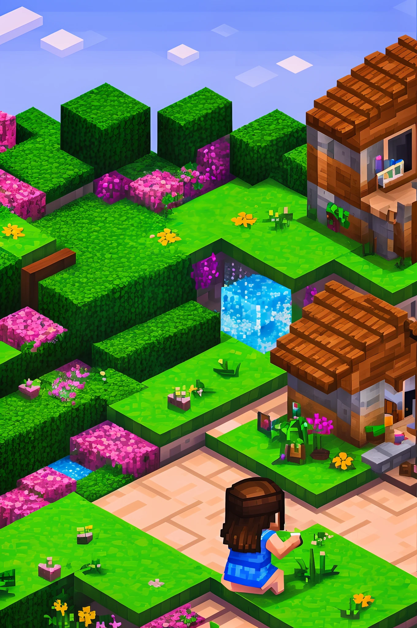 A girl constructing a house in Minecraft, detailed brickwork, colorful pixel art, beautifully textured blocks, lush green grass, vibrant flowers, natural sunlight, realistic shadows, high resolution for a masterpiece:1.2, vivid colors, intricate details, 3D rendering, immersive gaming experience, atmospheric lighting, enchanting ambiance.