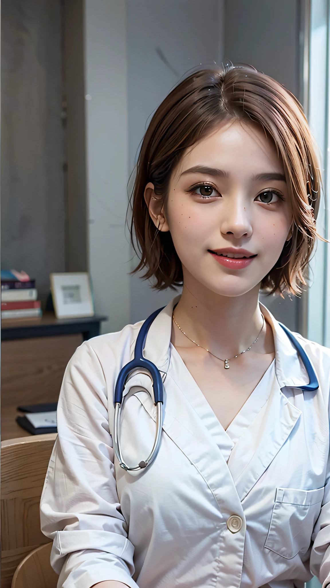 Masterpiece, high quality photo (realistic, photorealistic: 1.37), blonde hair, short fringe hair, brown eyes, female doctor, 28 years old, pink lips, light blue uniform, sitting in front of a desk in the hospital, wearing a stethoscope on his neck, reassuring smile, innocence, 100mm lens, (photorealistic), looking at the viewer, as a doctor, (complex details: 1.2), (masterpiece, : 1.3) ), (Best Quality: 1.4), (Ultra High Definition: 1.2), Ultra High Definition, (Detailed Eyes), (Detailed Facial Features), HDR, 8k Resolution, (Stethoscope), Far View, Floor Reflection, (Lens Flare: 1.4)