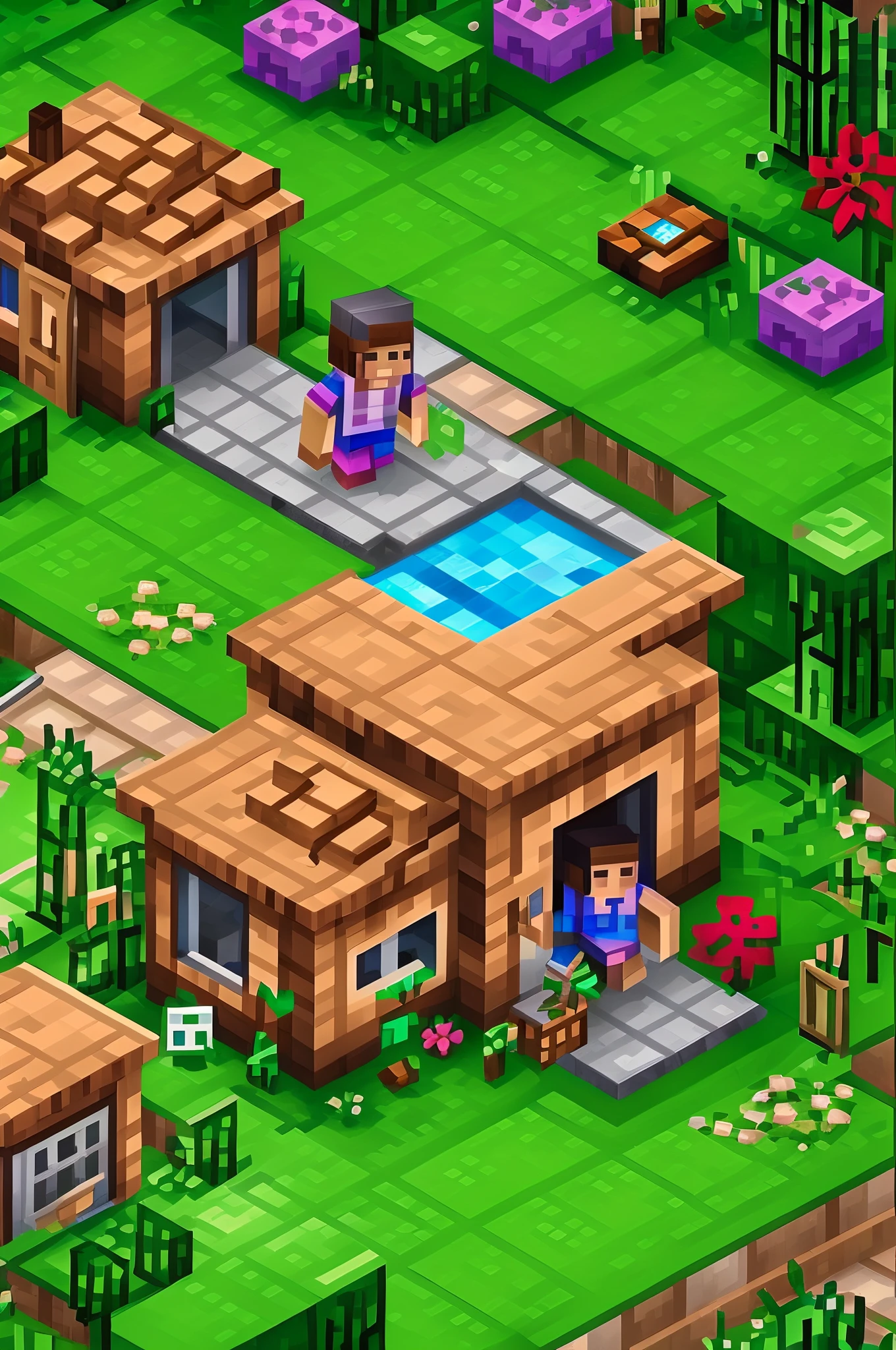 A girl constructing a house in Minecraft, detailed brickwork, colorful pixel art, beautifully textured blocks, lush green grass, vibrant flowers, natural sunlight, realistic shadows, high resolution for a masterpiece:1.2, vivid colors, intricate details, 3D rendering, immersive gaming experience, atmospheric lighting, enchanting ambiance.