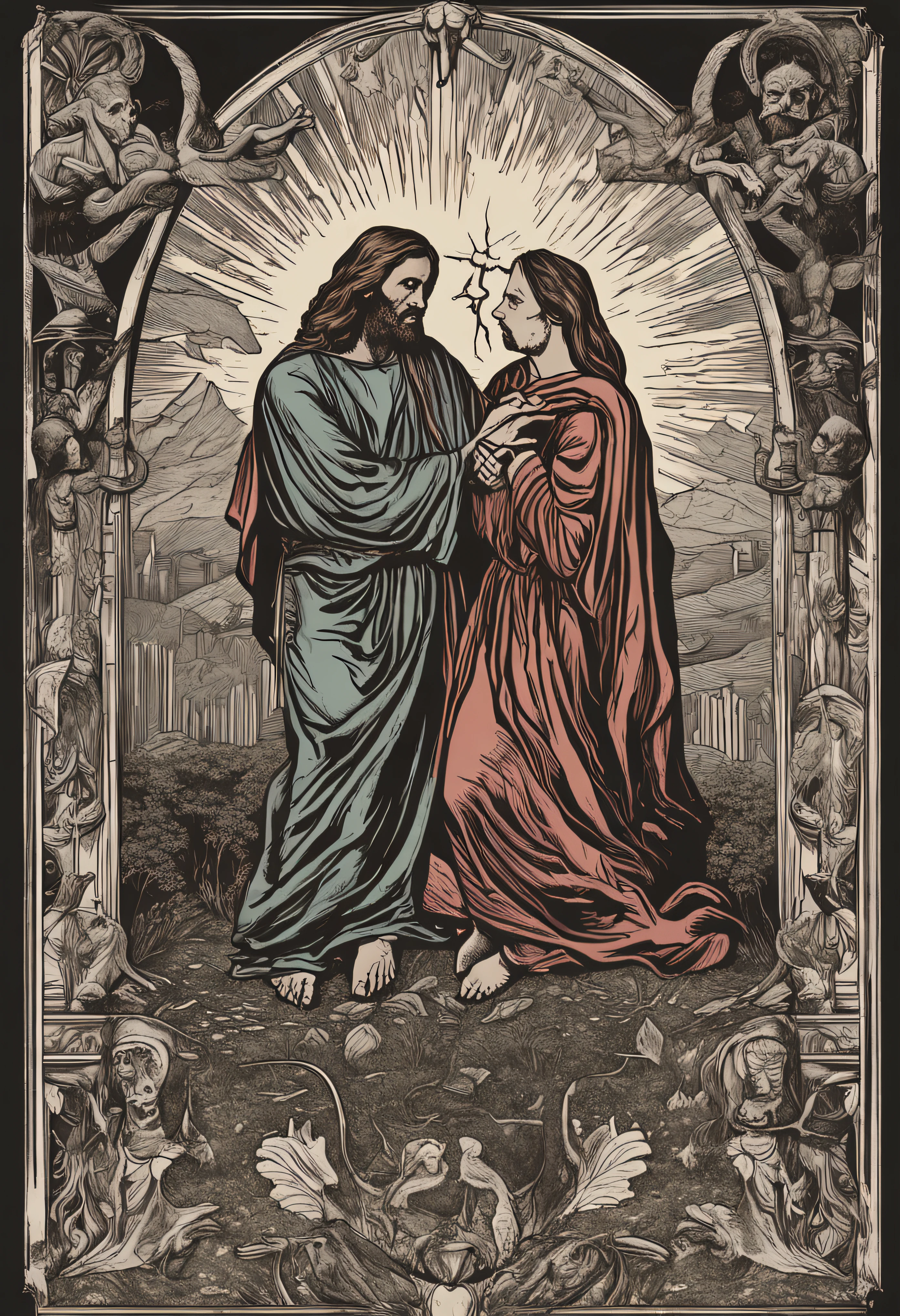"Love scene between Jesus and the devil woman. A sensitive and intense manifestation of the conflict between good and evil, With a mysterious gloomy atmosphere. Highlight the facial expressions of the characters, Convey passion and tension. Dramatic lighting and rich colors, Enhance the emotional depth of the scene. Carefully crafted details, As clothing and scenery, Increase realism and enrich visual storytelling. A combination of symbol elements, As a religious and supernatural element, Create unique and engaging experiences."