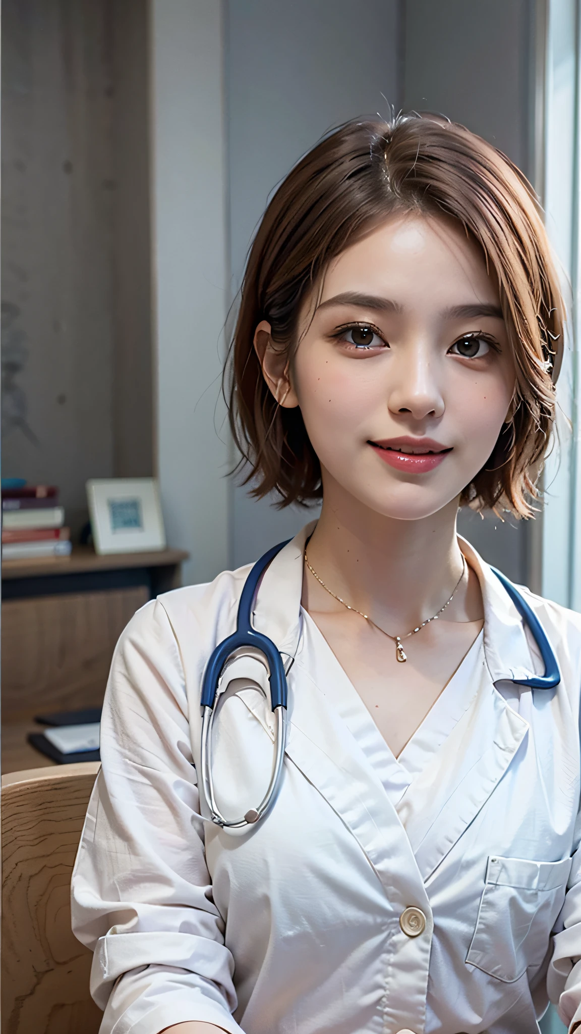 Masterpiece, high quality photo (realistic, photorealistic: 1.37), blonde hair, short fringe hair, brown eyes, female doctor, 28 years old, pink lips, light blue uniform, sitting in front of a desk in the hospital, wearing a stethoscope on his neck, reassuring smile, innocence, 100mm lens, (photorealistic), looking at the viewer, as a doctor, (complex details: 1.2), (masterpiece, : 1.3) ), (Best Quality: 1.4), (Ultra High Definition: 1.2), Ultra High Definition, (Detailed Eyes), (Detailed Facial Features), HDR, 8k Resolution, (Stethoscope), Far View, Floor Reflection, (Lens Flare: 1.4)