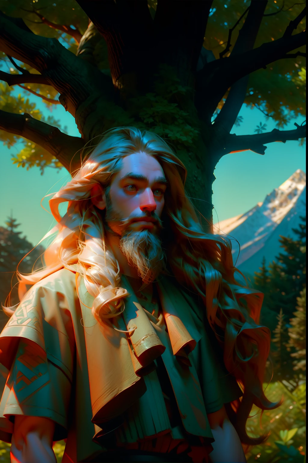An image of a rugged, nature loving man with long messy hair and beard, examining the leaves of a tree in a forest, background is summertime with mountain in distance, mood is grace, peace, sublime, delight, daytime light, character design.