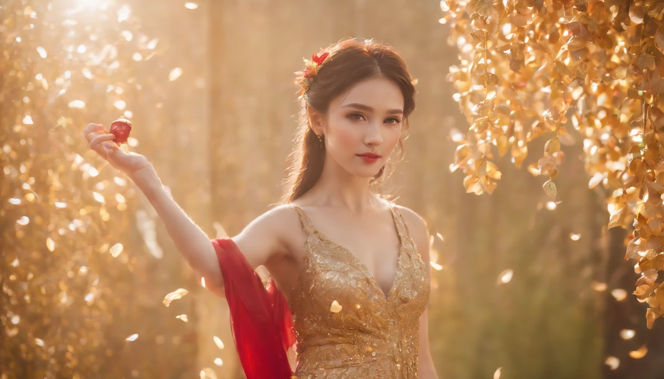 best quality, masterpiece, highres, (exquisite body:1.5),gorgeous face, (milky skin:1.3),intricate details, high resolution, wallpaper, 1girl, solo, dress, hair ornament, (((gold and red dress))), flowers, long hair, black hair, smile, jewelry, short sleeves, hand up, big eyes, sexy ass, behind, schoolgirl uniform, mini skirt, natural pose, falling petals, indoor, fanning, lantern, 16K, HDR, depth field, (film grain:1.1),boken,golden hour, (lens flare), vignette, rainbowing, (color grading:1.5)