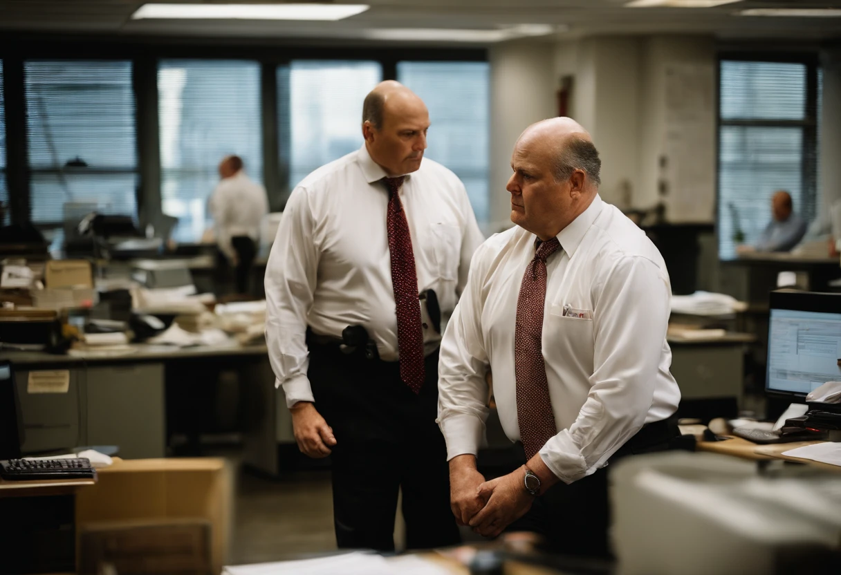 big fat man, 56 year old, balding, white dress shirt, tie, rolled up sleeves, bulging stomach, busy news office, new york city, Photojournalism, 35mm, Depth of Field, Materiality