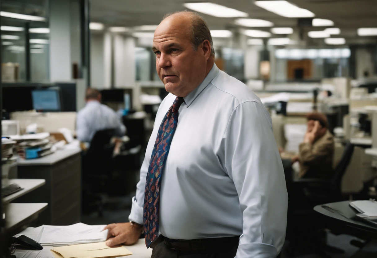 big fat man, 56 year old, balding, white dress shirt, tie, rolled up sleeves, bulging stomach, busy news office, new york city, Photojournalism, 35mm, Depth of Field, Materiality