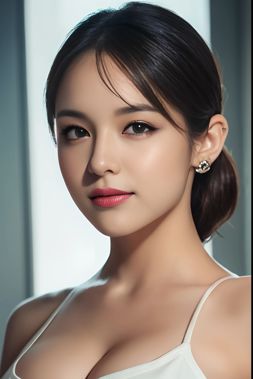 High quality, Shiny skin, (masutepiece:1.4), (8K, Photorealsitic, Raw photo, Best Quality: 1.4), japanes, (1girll), Beautiful face, (Realistic face:1.4), Beautiful hairstyle, Beautiful detailed eyes, (Best Ratio Eyes:1.5), Attractive, hight resolution, Ultra photo realsisim, Highly detailed, Optimal ratio, (Detailed face:1.4), view the viewer, red lipsticks, (Best Ratio Fingers:1.5), (Realistic brown eyes:1.2), ((High Proportion Realistic Breasts, Realistic medium breasts):1.4), (Closed mouth:1.5), Slender body, (with whole body visible:1.5), Portrait, Photography, Detailed skin, Realistic, Photorealsitic, Highly detailed, full length frame, High Detail RAW Color Art, Piercing, diffused soft lighting, Shallow depth of field, foco nítido, Cinematic lighting
