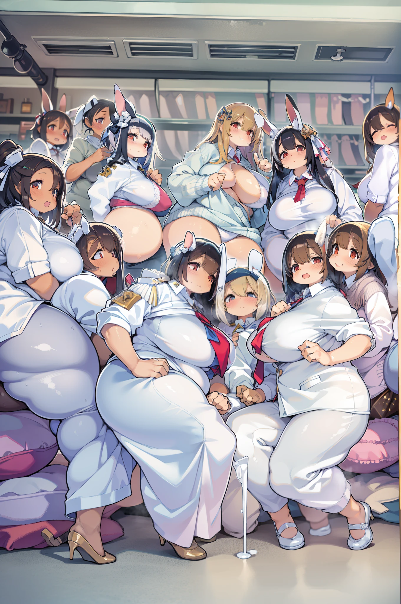 Several women in white uniform in sexy pose, harems, cushion, lots of light,bbw、Chubby、huge-breasted