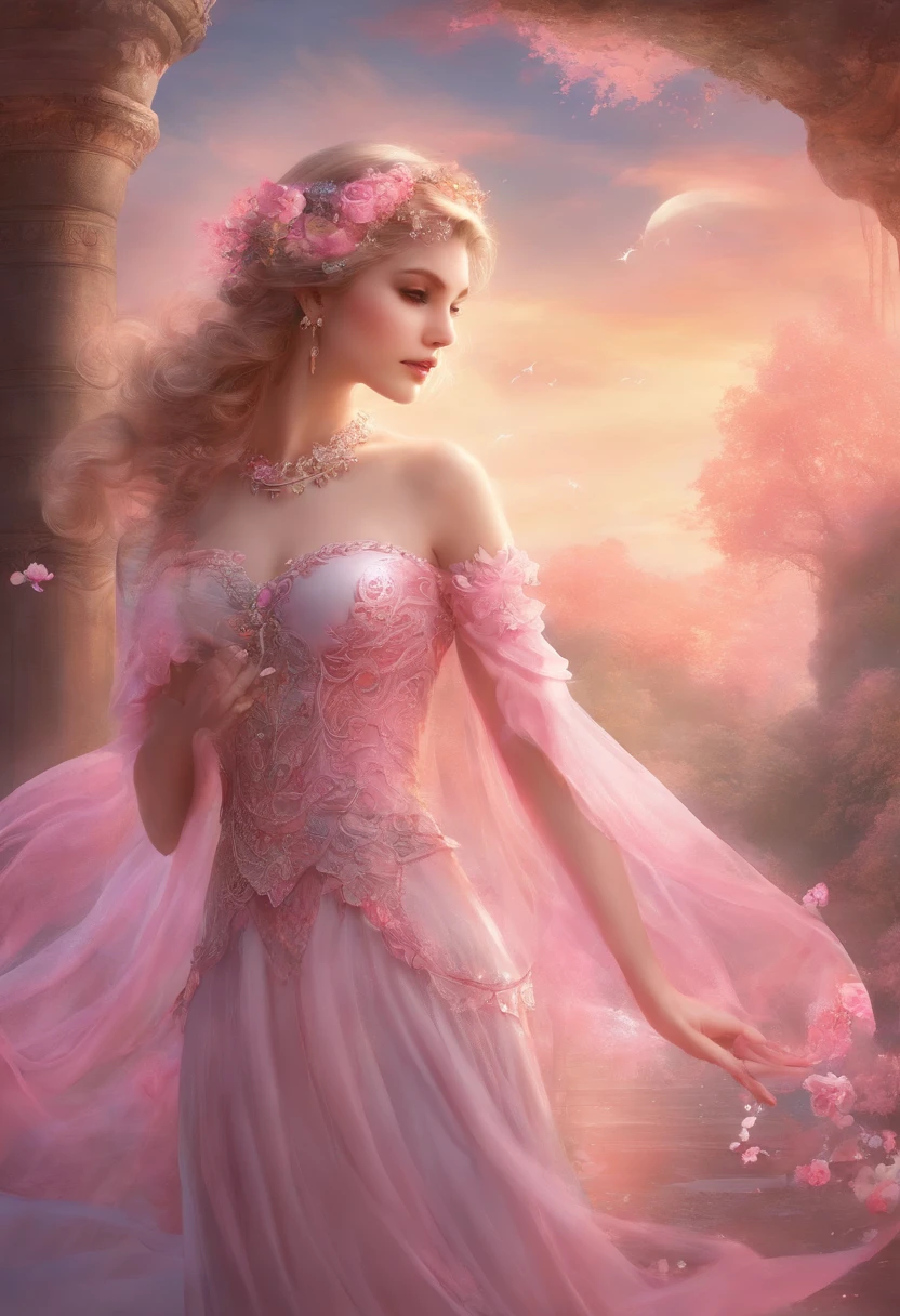Clothes design,Rose sweet tea,Pink big breasts,fishtail skirt,Beveled lace design,The clothes are dotted with finely crushed pearls,shortsleeves,Wear a neck circumference,Stacking art,Fairy style,Elegance