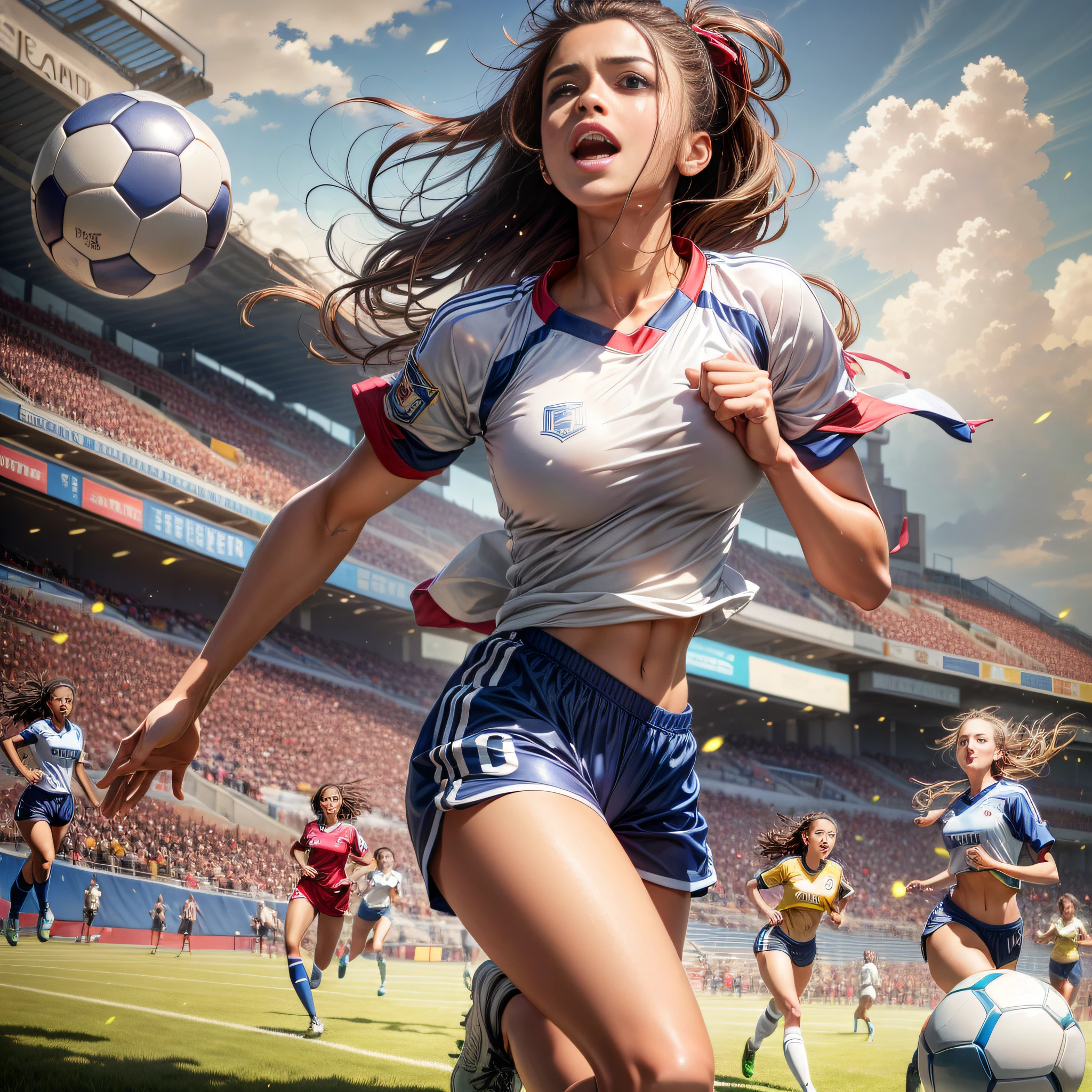 RAW image quality、8K picture quality、detailed CG images、(hight resolution, Best Quality, masutepiece:1.4), (1womanl :1.3), tall thin legs, Sparkly skin, narrow hips, Teeth on the skin, big breastes, (Woman in soccer shirt showing breasts:1.3), football shorts, Short shorts, Sweating Lots, (Above the football stadium:1.2), taut clothes, Angry look, Sprinting, Beautiful background,