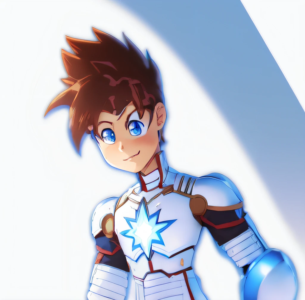 cute anime (((boy))), child anime, (boy), ((blue)) eyes, Brown hair, he is wearing ((red)) iron armor, (((white))) background, (((Masterpiece))), (Best quality), ((Super-detailed)), official art, 8k, highly detailed, good anatomy, good lighting, intricate, high quality, best, super detail , crazy detail, very detailed, photorealistic, epic composition, best quality, 32k , --v 6