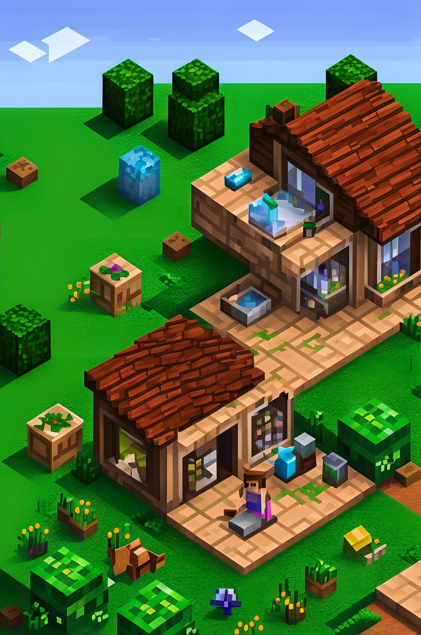 A girl constructing a house in Minecraft, detailed brickwork, colorful pixel art, beautifully textured blocks, lush green grass, vibrant flowers, natural sunlight, realistic shadows, high resolution for a masterpiece:1.2, vivid colors, intricate details, 3D rendering, immersive gaming experience, atmospheric lighting, enchanting ambiance.