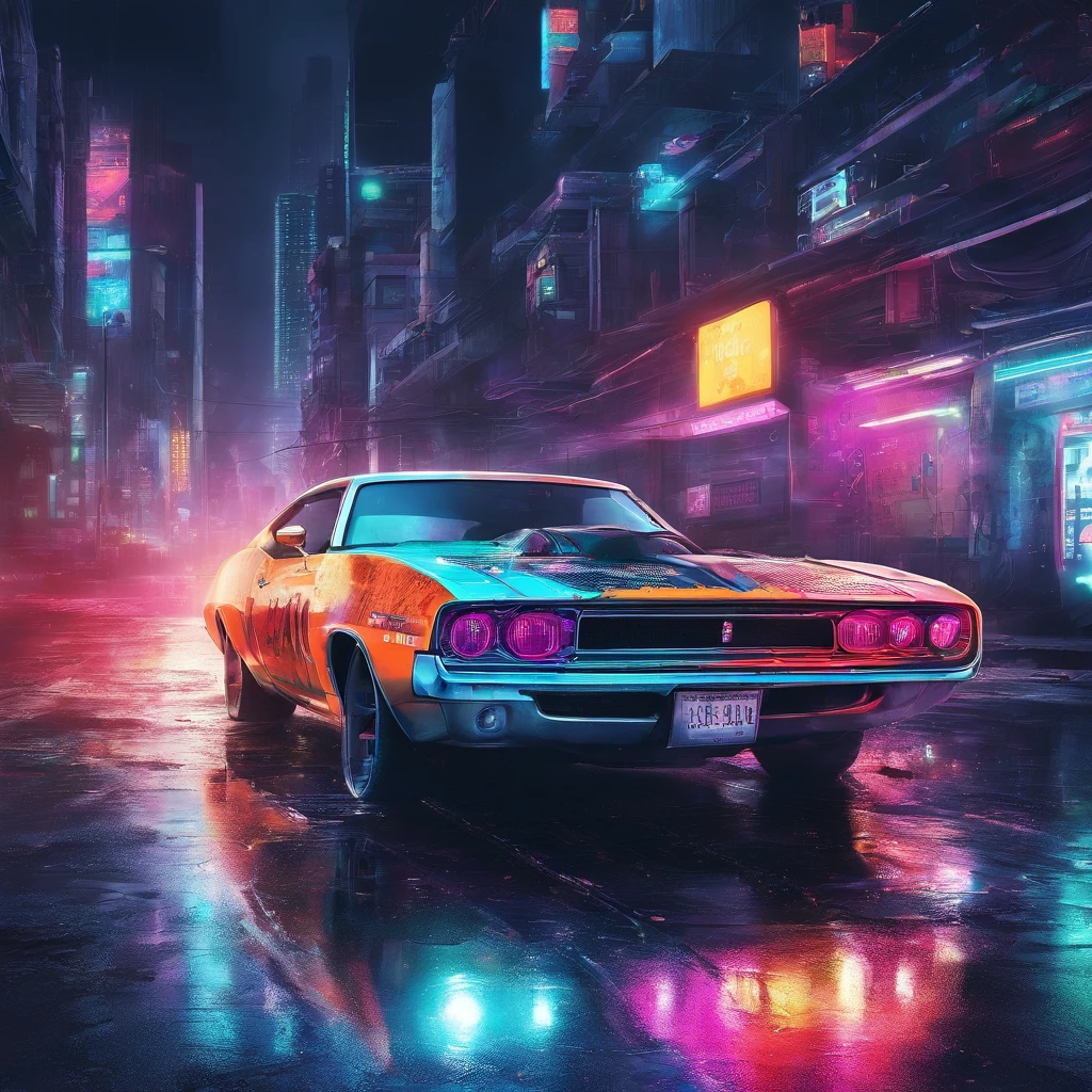 colorful muscle car, greyed out dystopian city, blowing colors out of its tailpipe, give color back to the city, illustration, ultra-detailed, realistic, vibrant colors, studio lighting, urban landscape, high-res, HDR, dynamic lighting, smoke, smog, abandoned buildings, graffiti, cyberpunk aesthetics, neon lights, futuristic technology, rain-soaked streets, shadows, reflection, speed, motion blur, intensity, urban decay, steel, concrete, asphalt, darkness, contrast, heat haze, shining surfaces