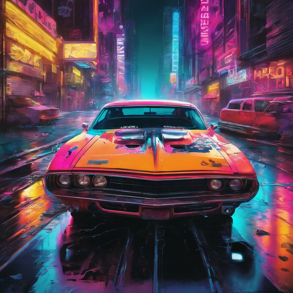colorful muscle car, greyed out dystopian city, blowing colors out of its tailpipe, give color back to the city, illustration, ultra-detailed, realistic, vibrant colors, studio lighting, urban landscape, high-res, HDR, dynamic lighting, smoke, smog, abandoned buildings, graffiti, cyberpunk aesthetics, neon lights, futuristic technology, rain-soaked streets, shadows, reflection, speed, motion blur, intensity, urban decay, steel, concrete, asphalt, darkness, contrast, heat haze, shining surfaces